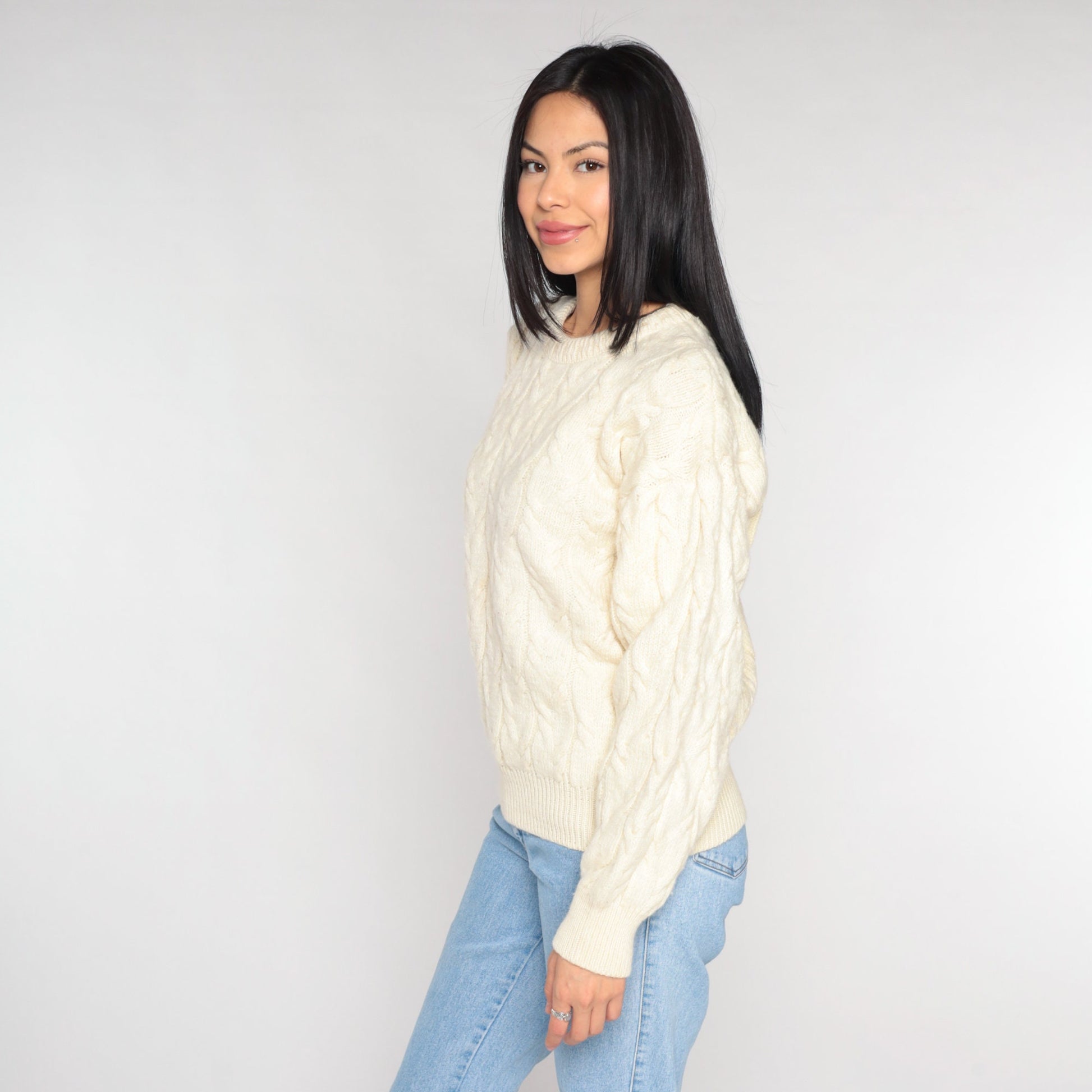 80s Australian Merino Wool Cable Knit Sweater Cream Crewneck Small