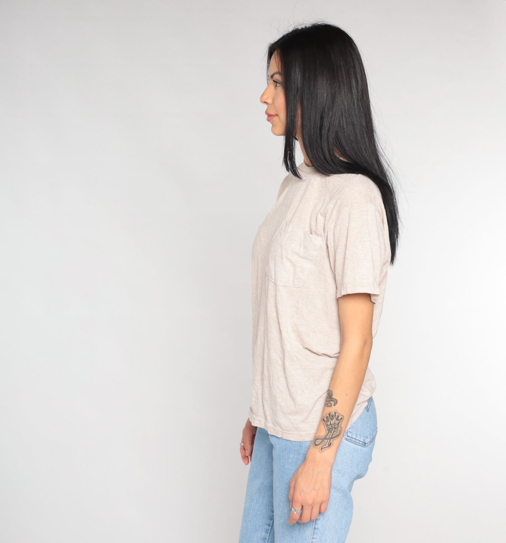 90s Fruit of the Loom Pocket Tee Heather Beige T-Shirt Medium M