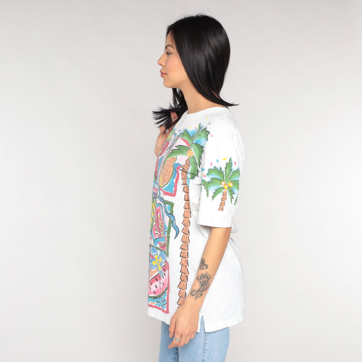 90s Tropical Fruit Palm Tree Graphic T-Shirt Cotton Single Stitch Medium Large