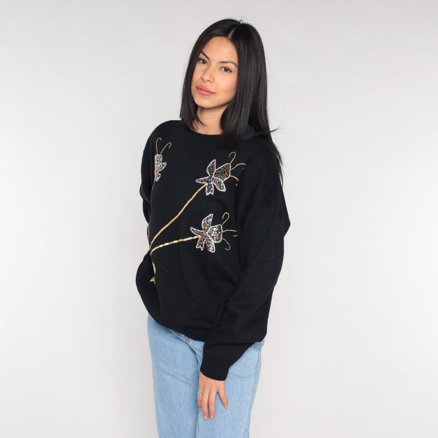 90s Metallic Floral Embellished Knit Sweater Black Gold Bow XL