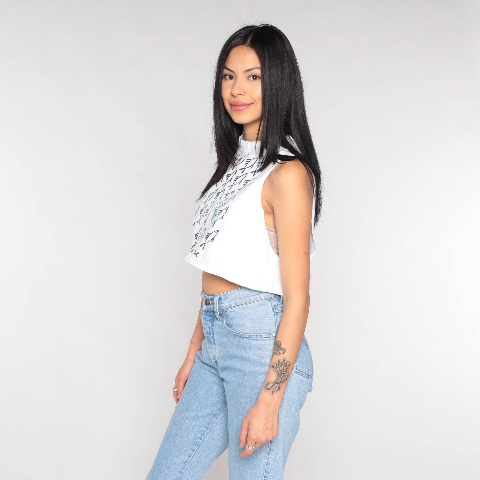90s Key West Crop Tank Top White Fish Graphic Terminally Unique Small
