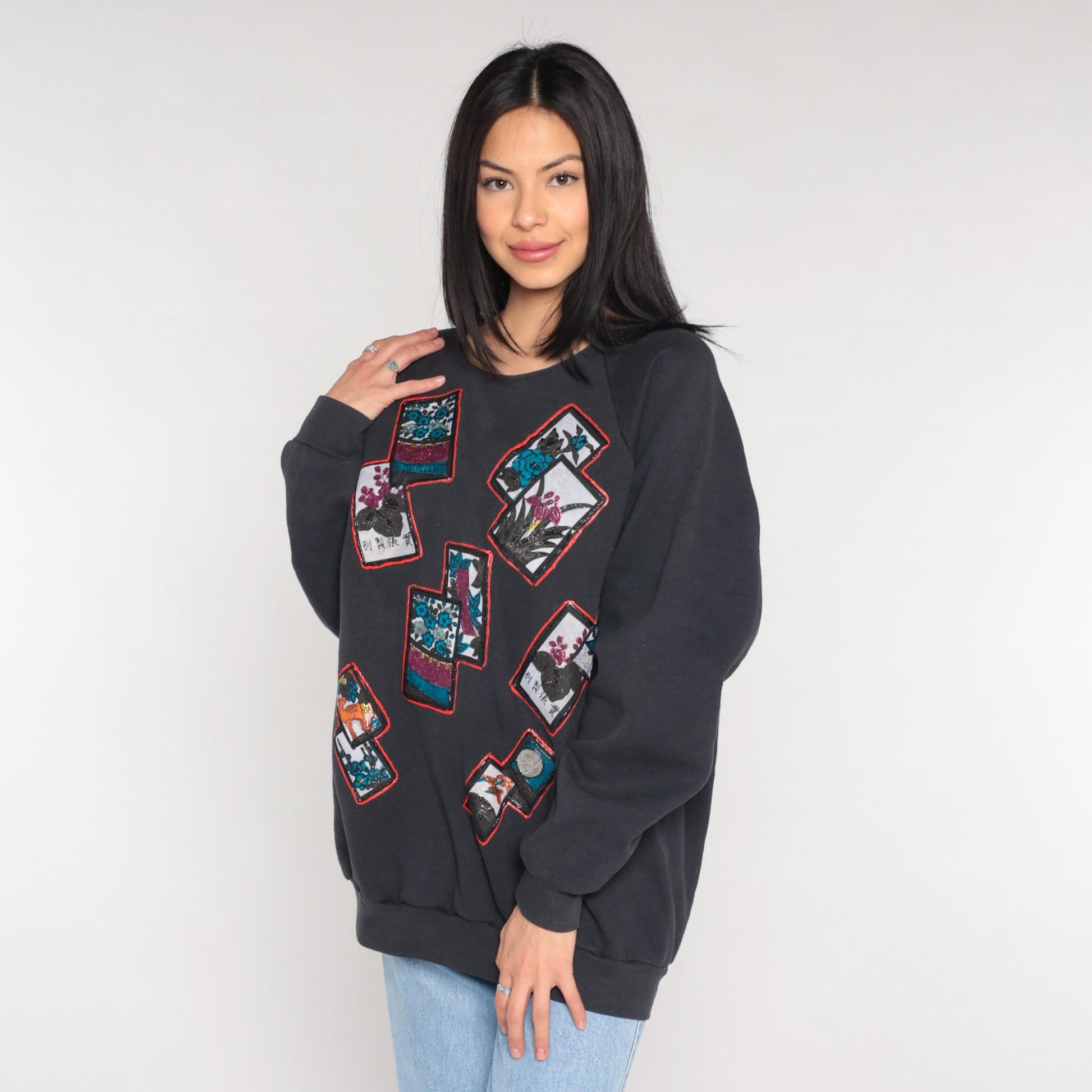 90s Glitter Floral Sweatshirt Black Asian Postcard Graphic Crewneck Extra Large XXL
