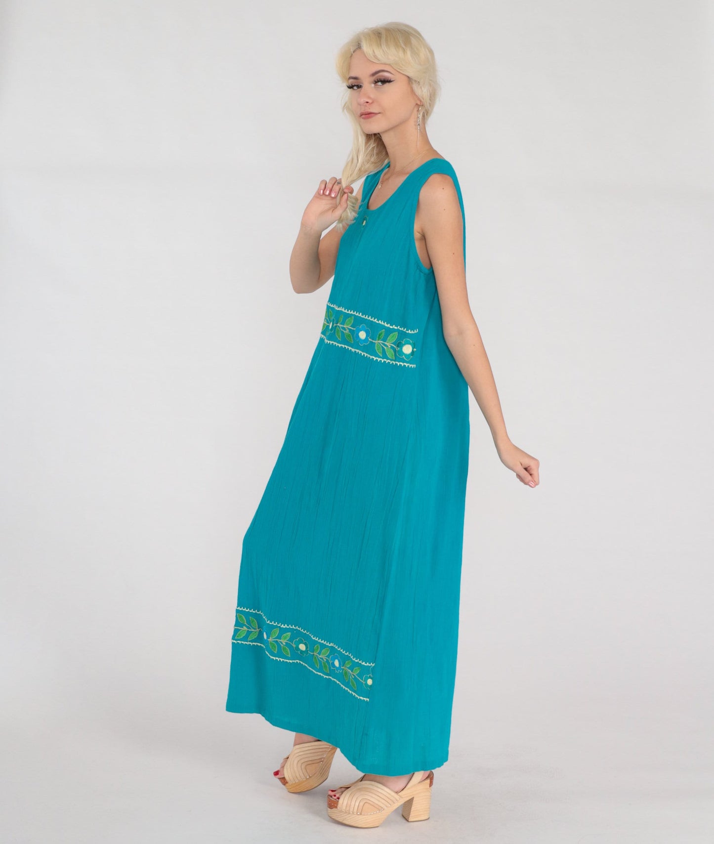 Y2K Turquoise Floral Embroidered Cotton Maxi Dress Sleeveless Large L
