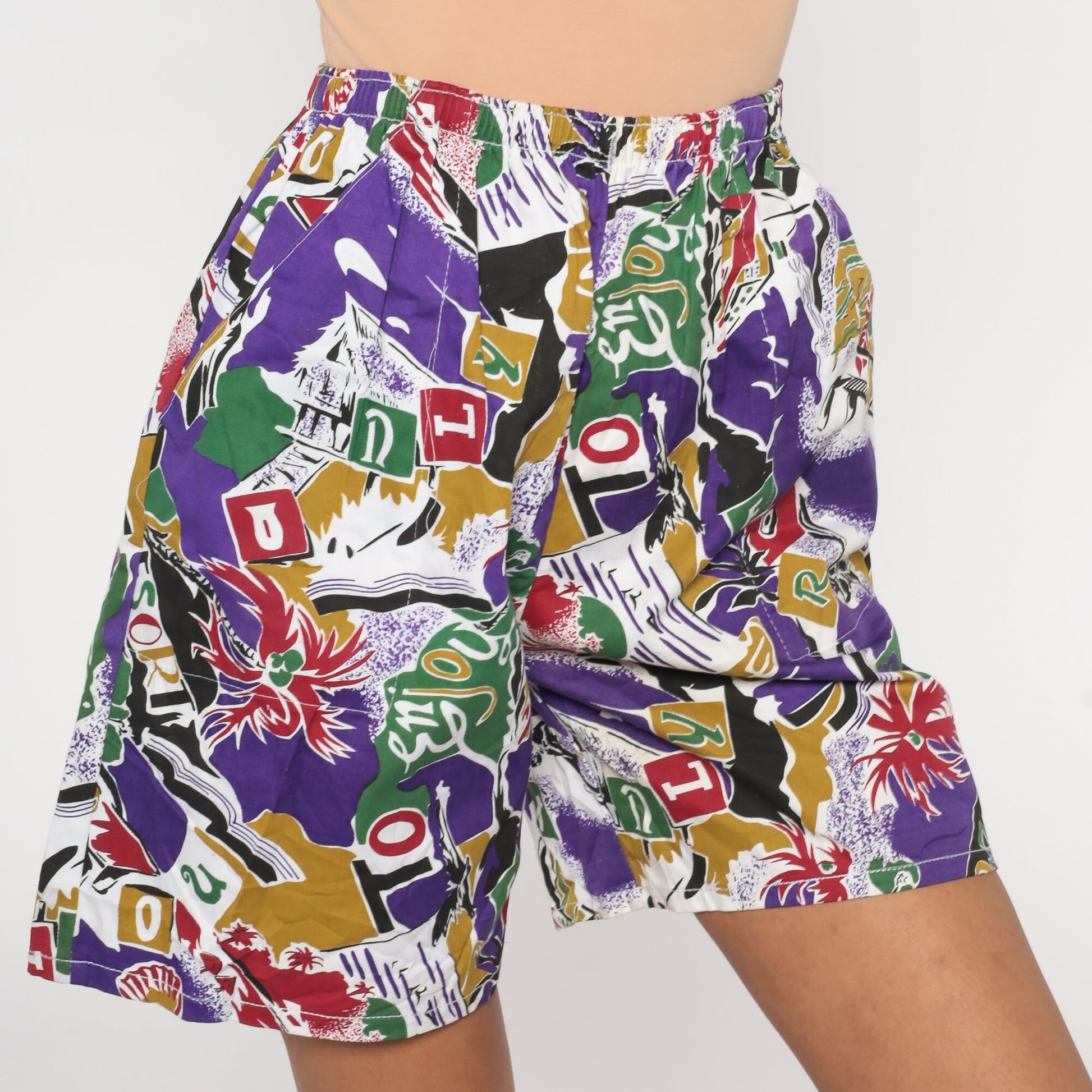 80s Tropical Print Shorts Purple High-Waist Elastic Waist Small Medium