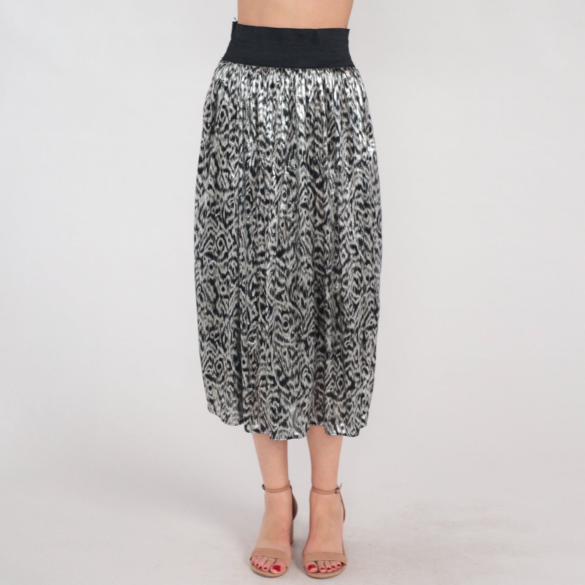 80s Metallic Abstract Midi Skirt Silver Black High Waist Elastic Extra Small