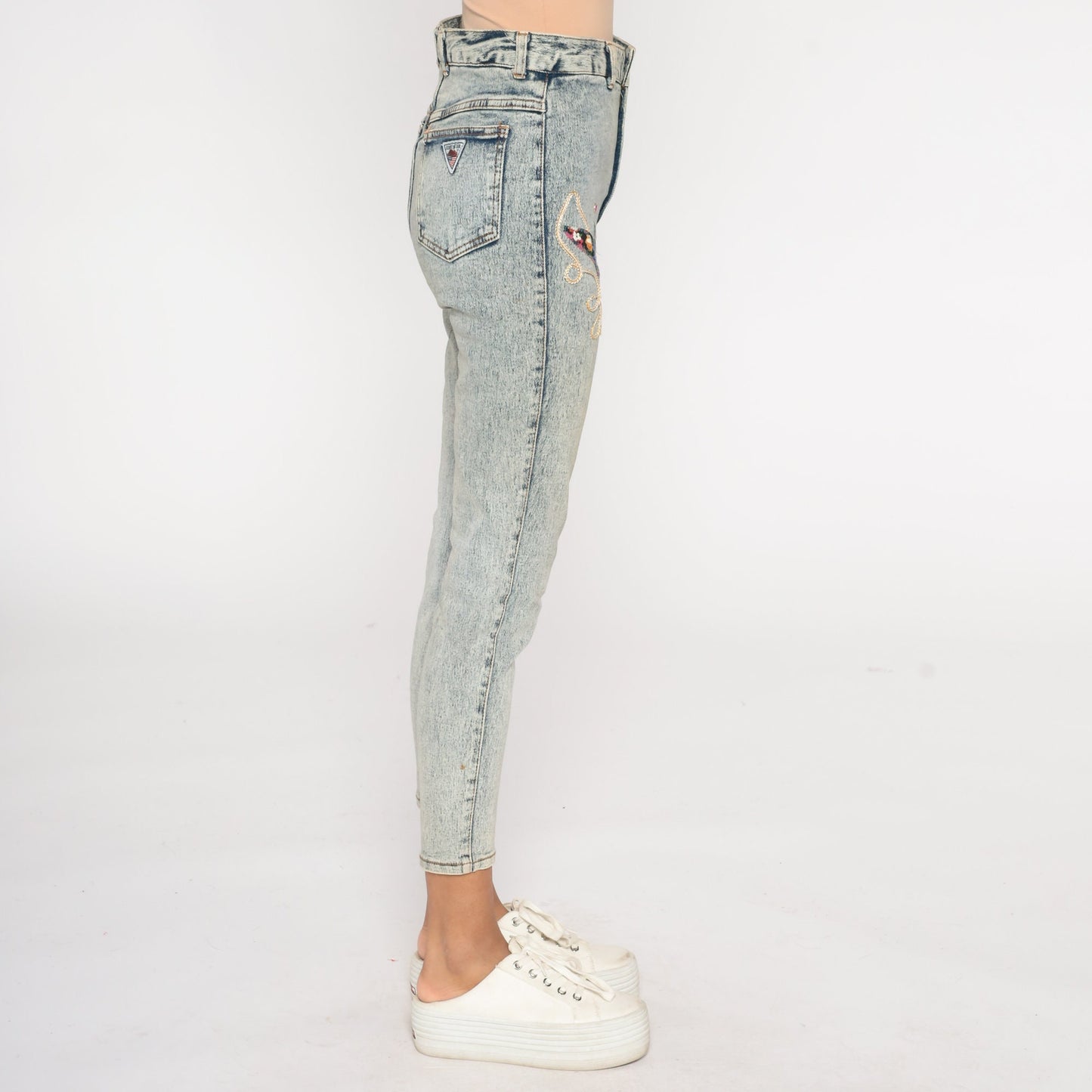 80s Acid Wash Beaded High-Waist Skinny Jeans Blue Denim Small