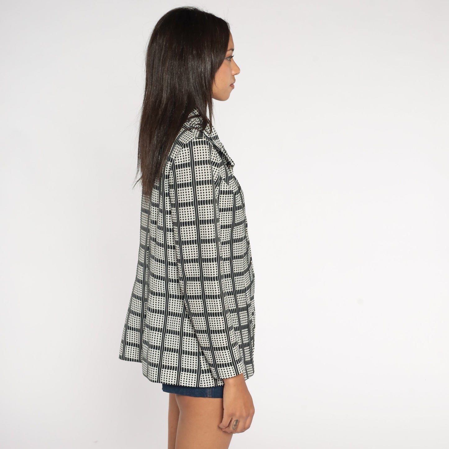 70s Checkered Button-Up Shirt Black White Collared Long Sleeve Medium