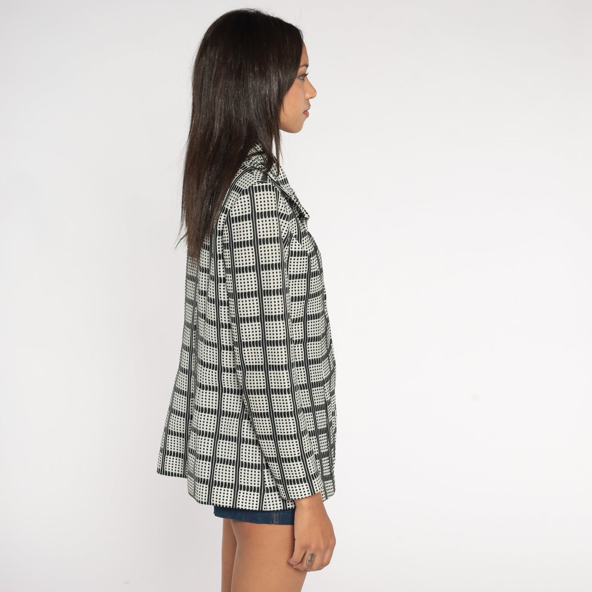 70s Checkered Button-Up Shirt Black White Collared Long Sleeve Medium