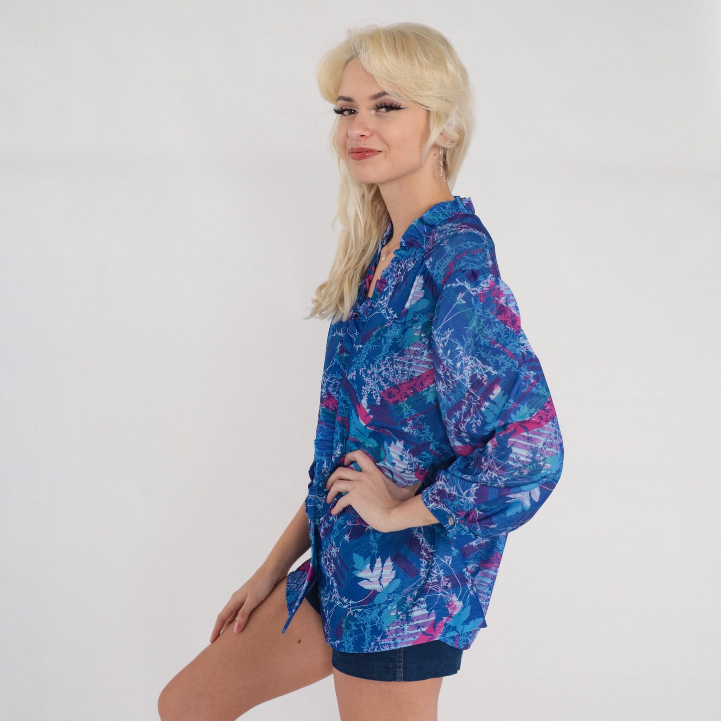 70s Floral Leaf Print Blouse Blue Purple Pink 3/4 Sleeve Ruffle Top Extra Large