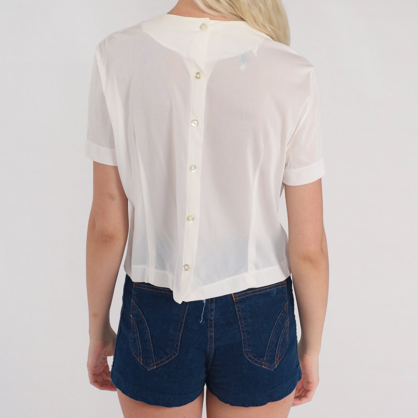 60s White Nylon Blouse Pleated Butterfly Rosette Short Sleeve Button Back Medium