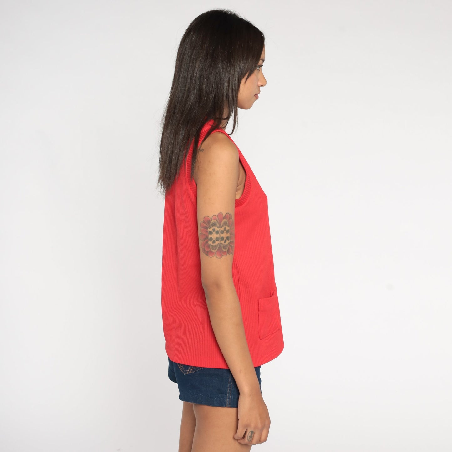 70s Red Ribbed Tank Top Pocket Sleeveless Knit Blouse Small Medium