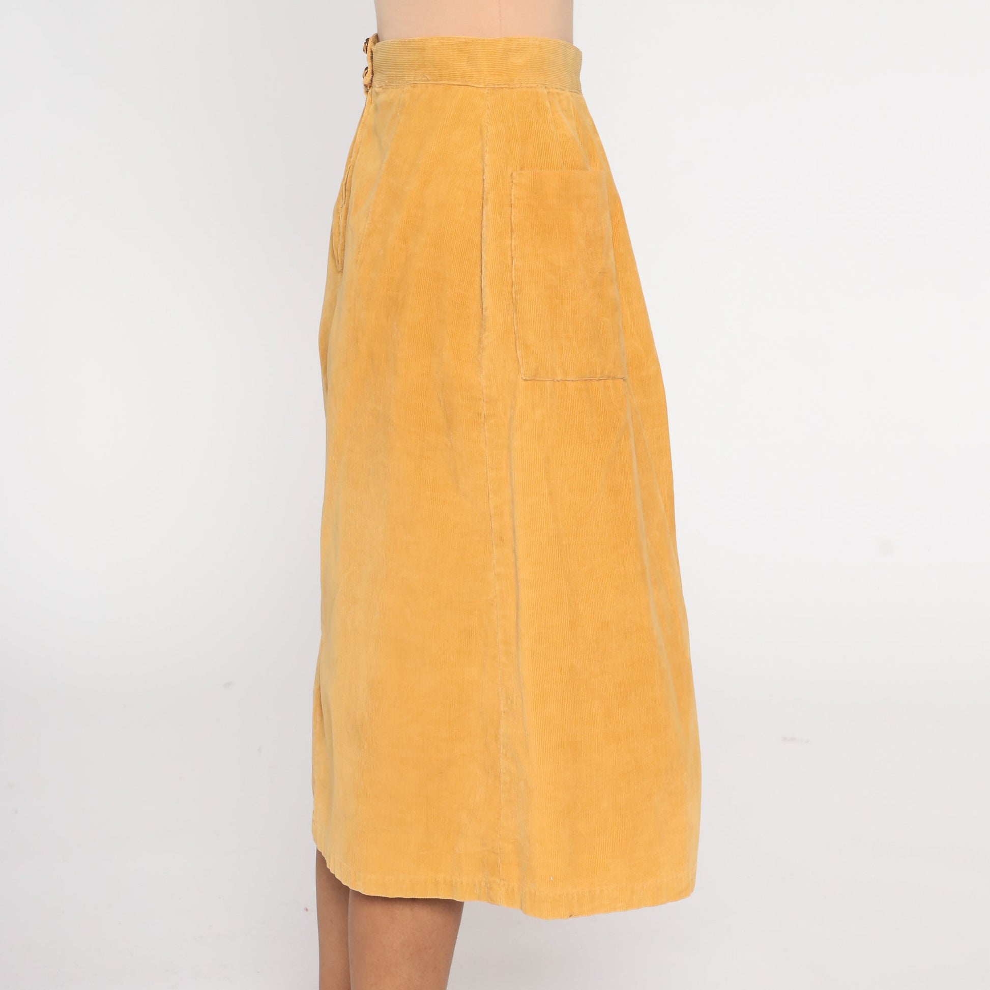 80s Mustard Yellow Corduroy Midi Skirt High Waist Pockets Extra Small