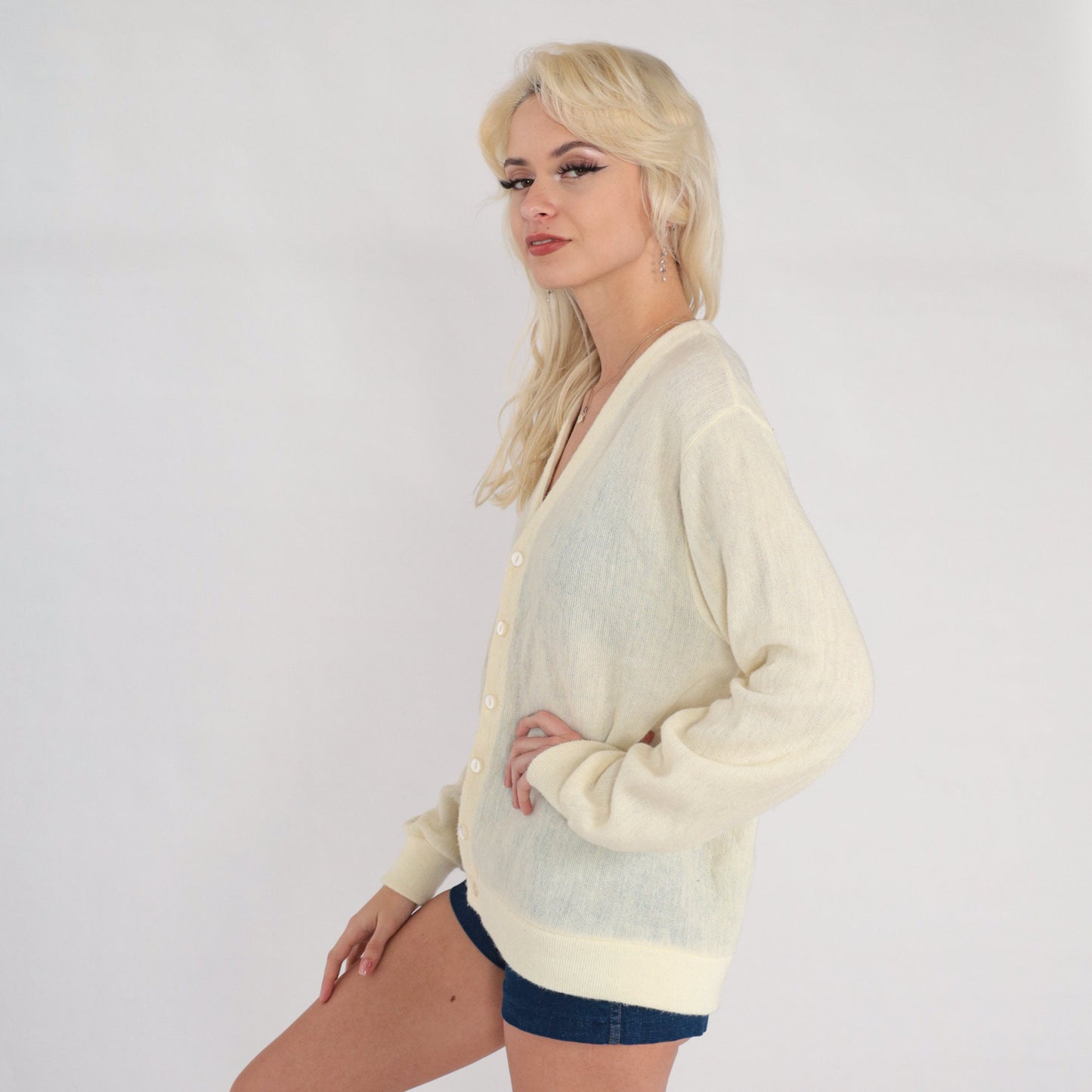 80s Cream Cardigan Semi Sheer Button Up Knit Sweater Medium