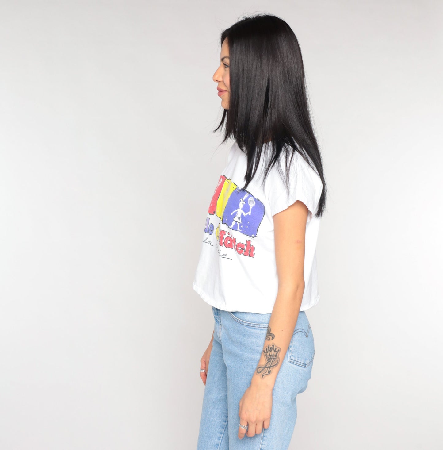 90s Balle de Match French Tennis Crop Top Cap Sleeve Graphic Tee Small