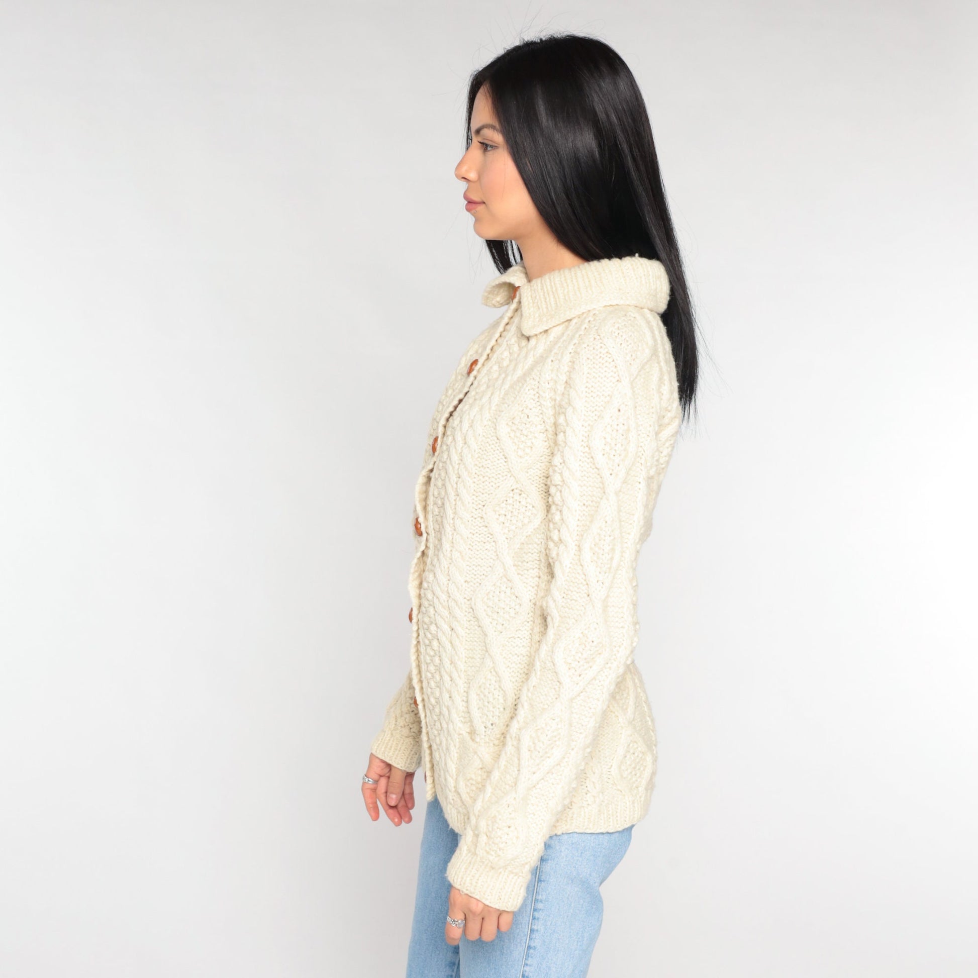 90s Cream Cable Knit Cardigan Button-Up Collared Sweater Small S
