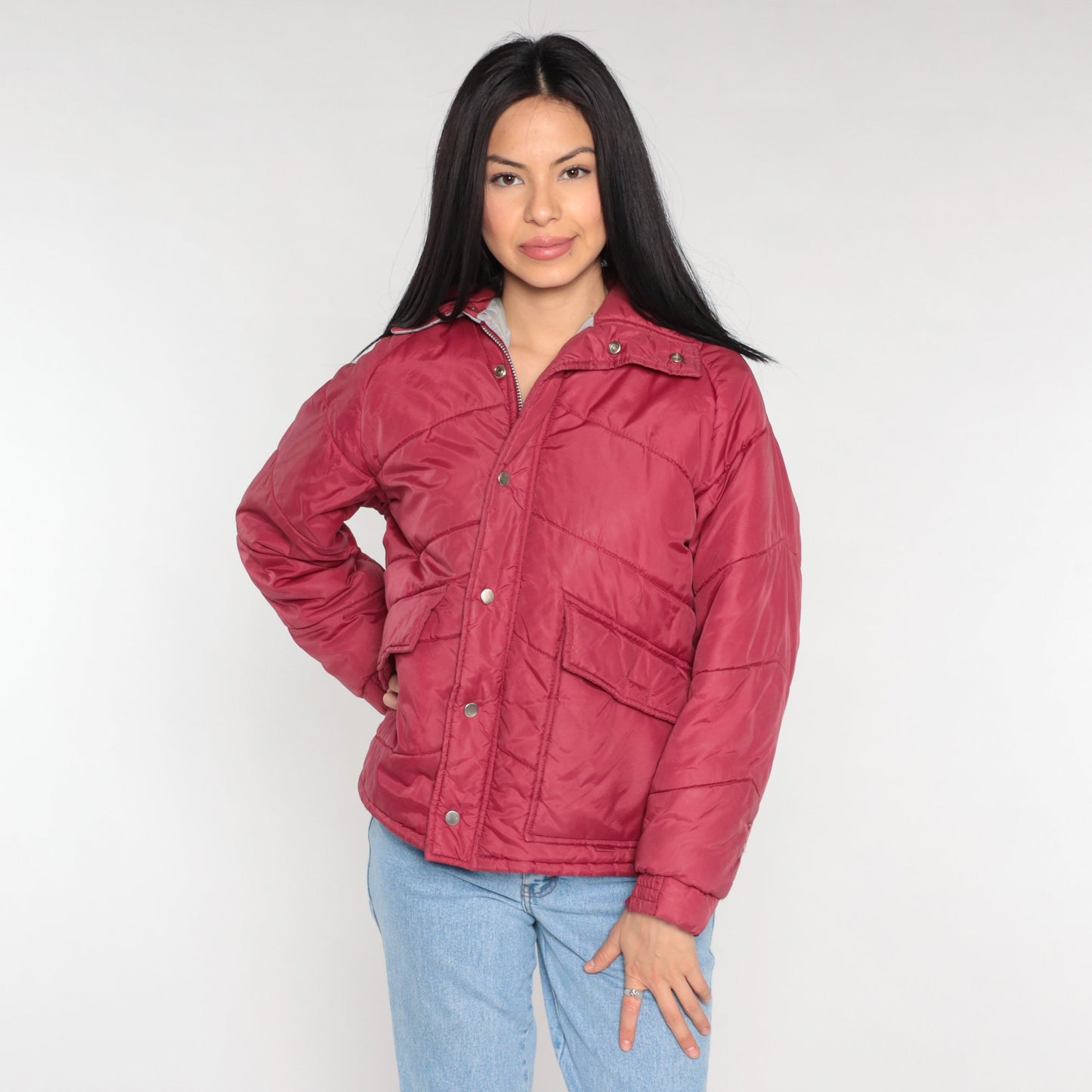 80s Red Puffer Ski Jacket Detachable Hood Nylon Puffy Coat Small