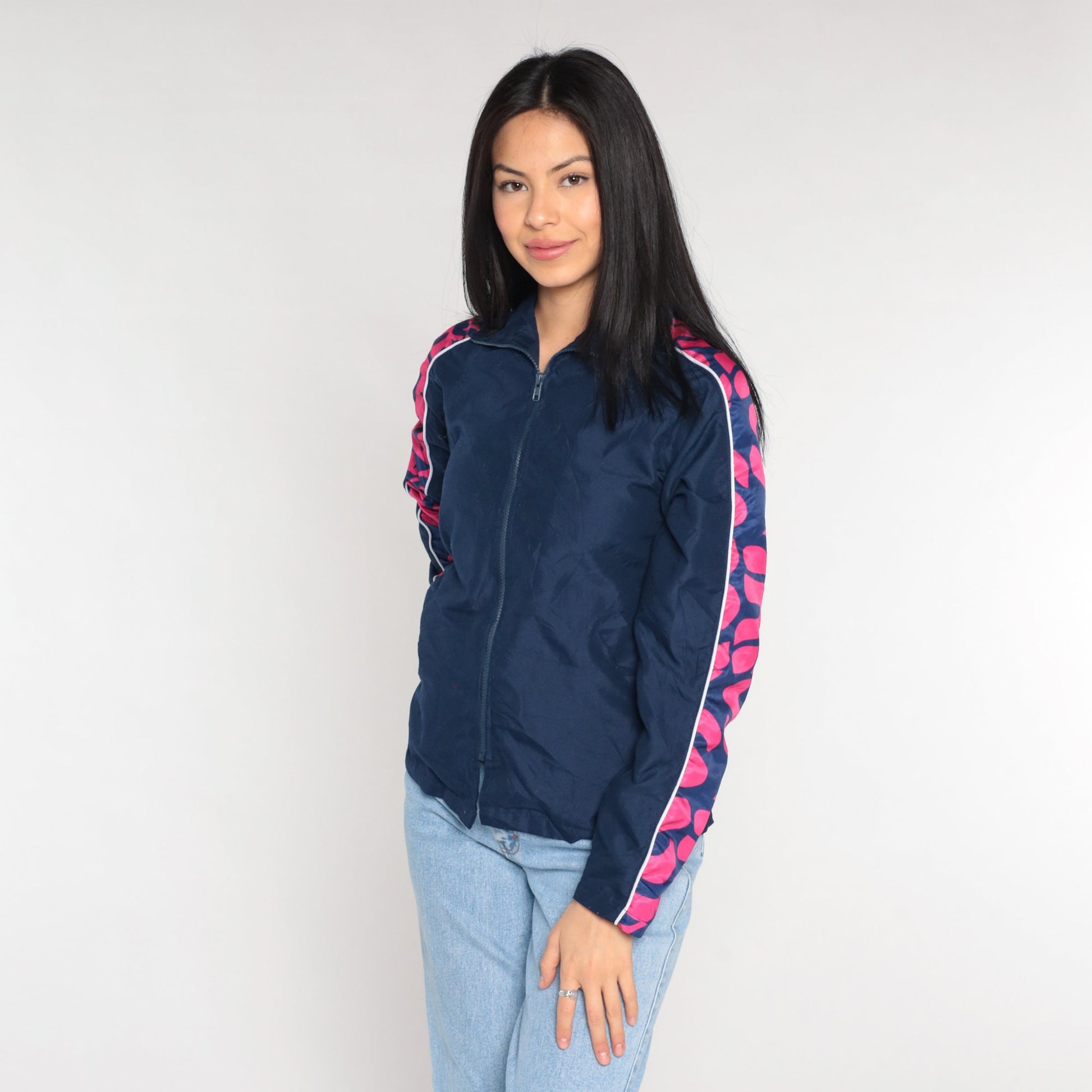 00s Navy Windbreaker Jacket Pink Abstract Print Zip-Up Extra Small
