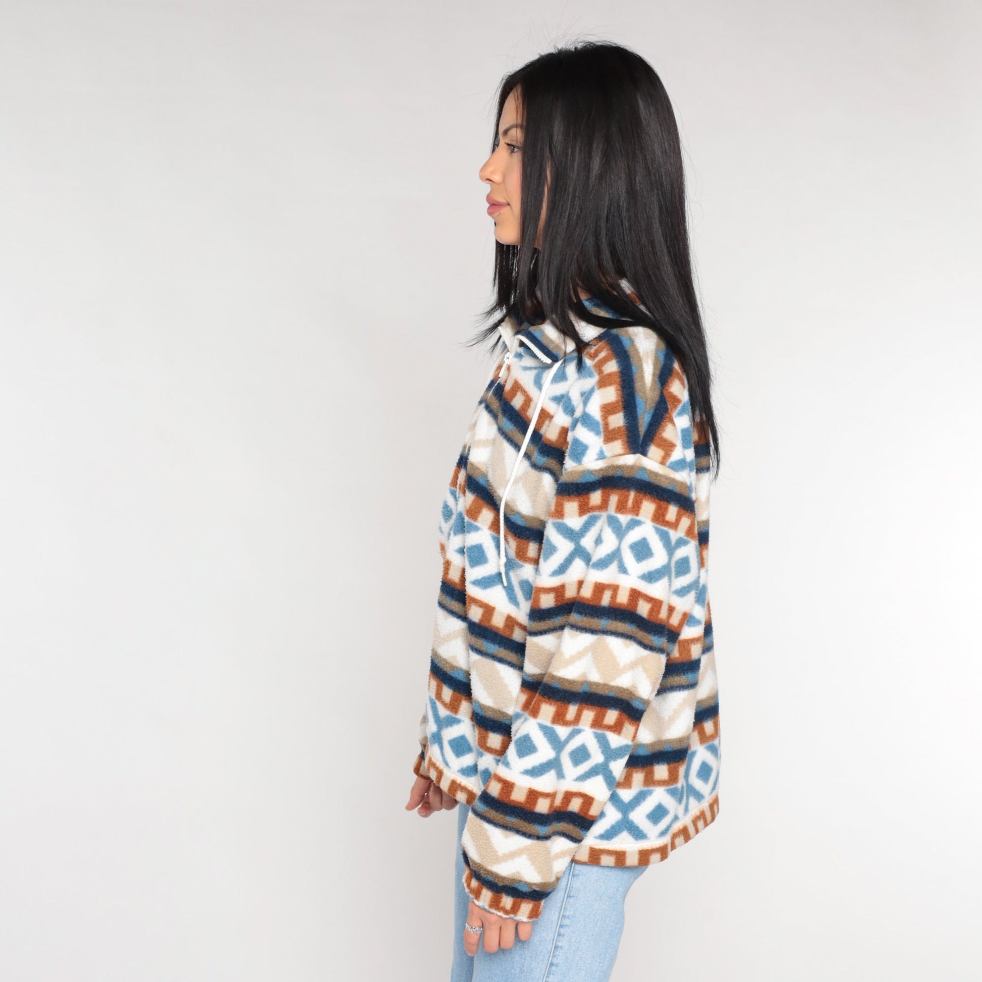 90s Striped Geometric Fleece Half Zip Pullover Blue White Orange Medium