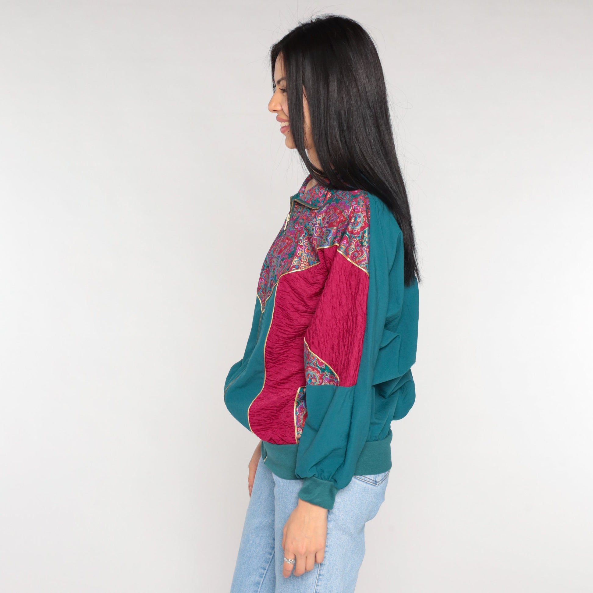 90s Floral Color Block Windbreaker Jacket Magenta Green Medium