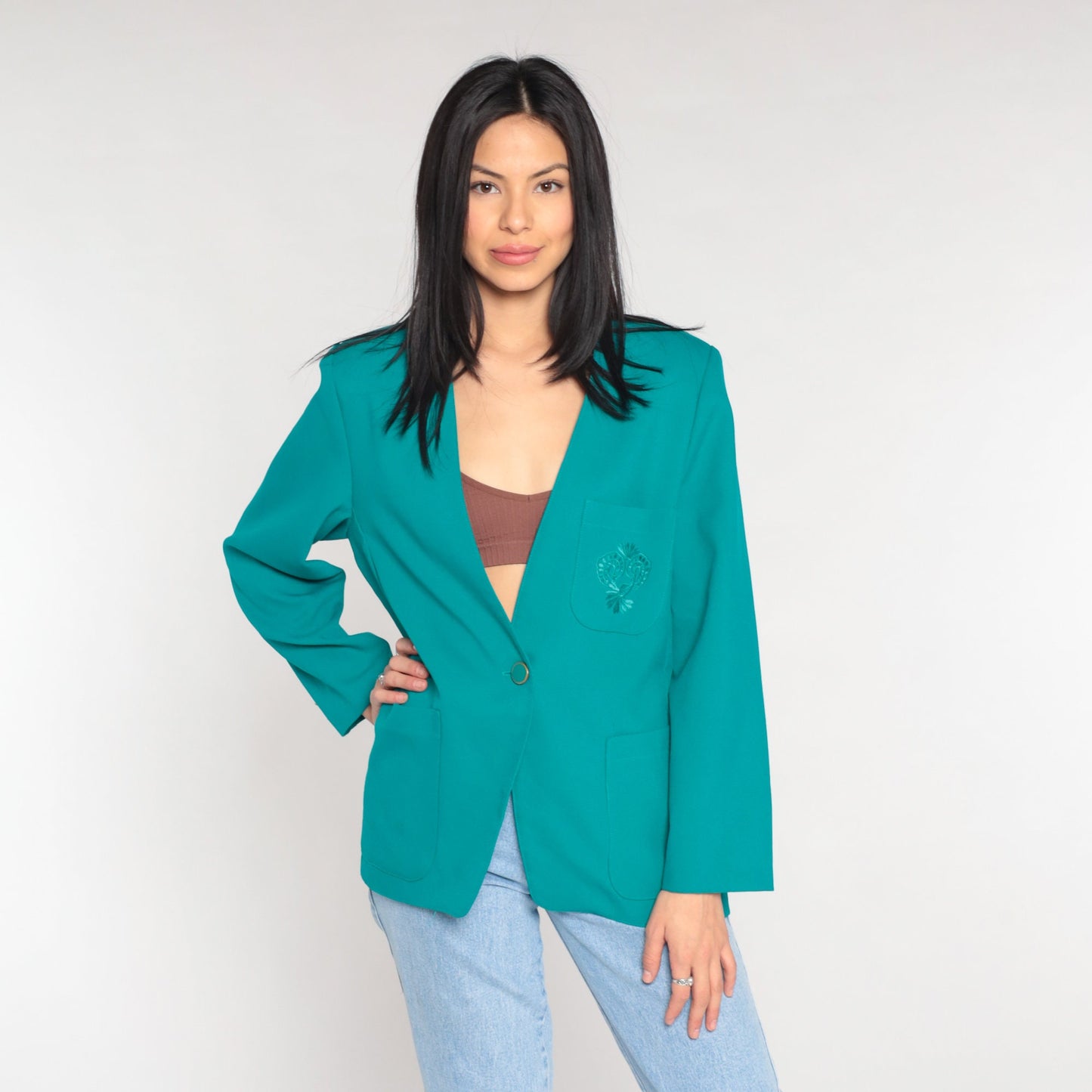 80s Teal Blazer Floral Embroidered Button-Up Jacket V-Neck Medium