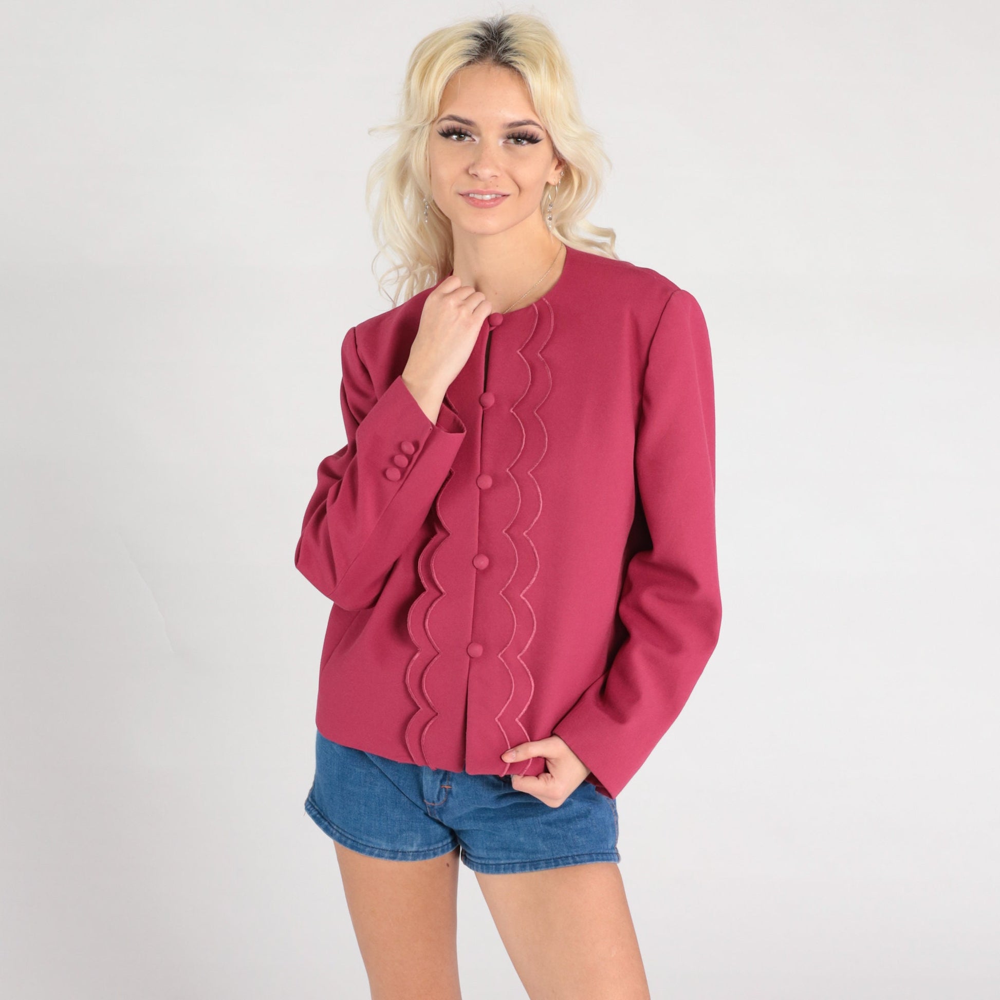 80s Raspberry Pink Scalloped Blazer Button-Up Jacket Women Large L
