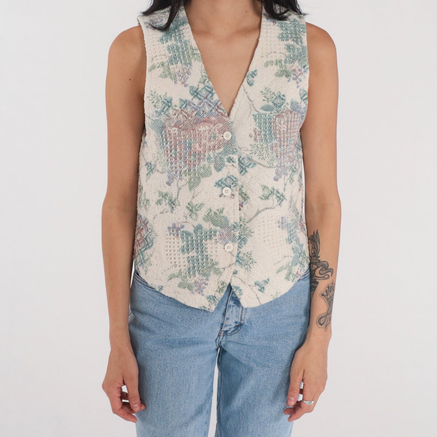90s Floral Tapestry Button-Up Vest Cream Woven Sleeveless Small