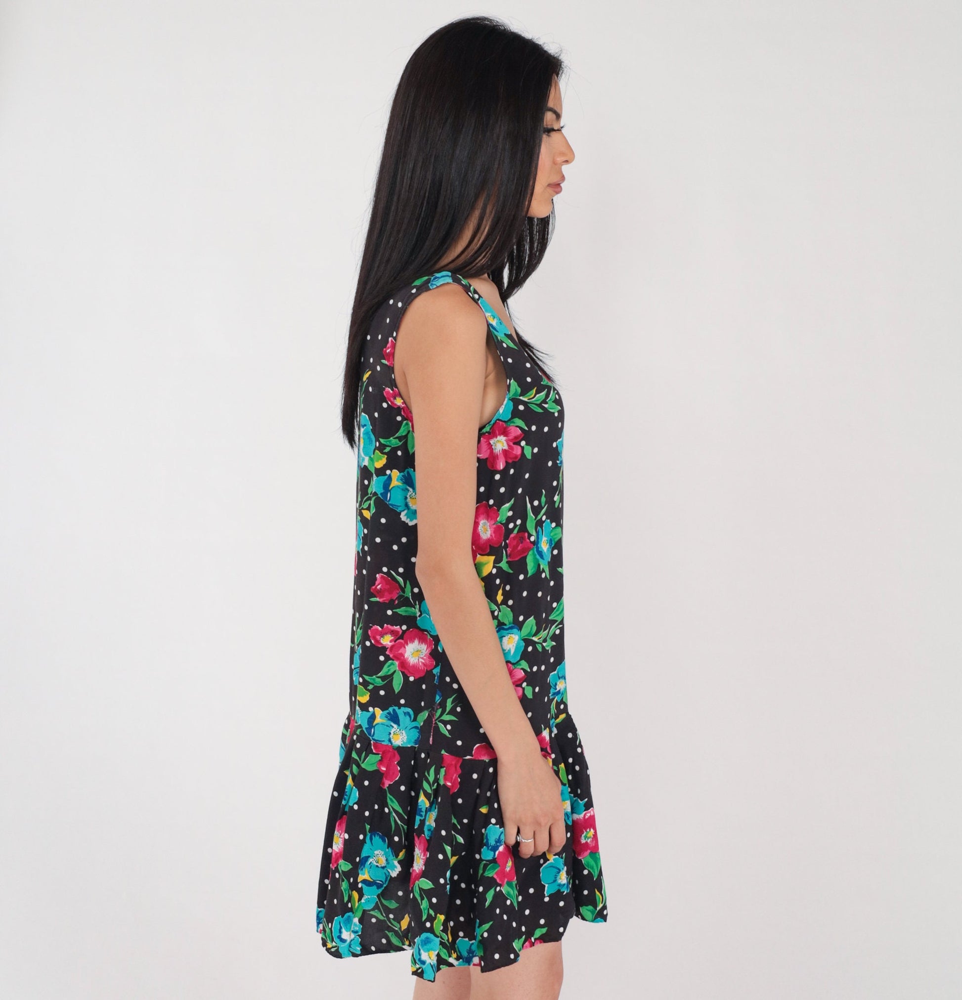 90s Black Floral Polka Dot Mini Dress Drop Waist Ruffle Sleeveless Small