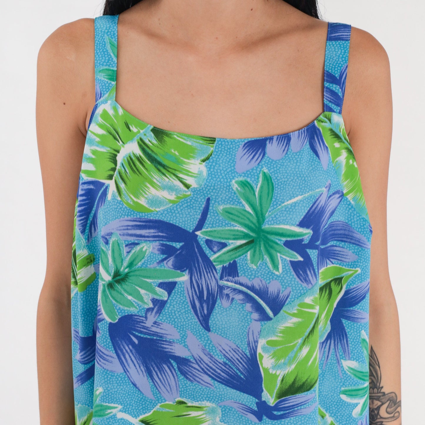 90s Hawaiian Maxi Dress Tropical Leaf Print Blue Green Purple Sleeveless XXL
