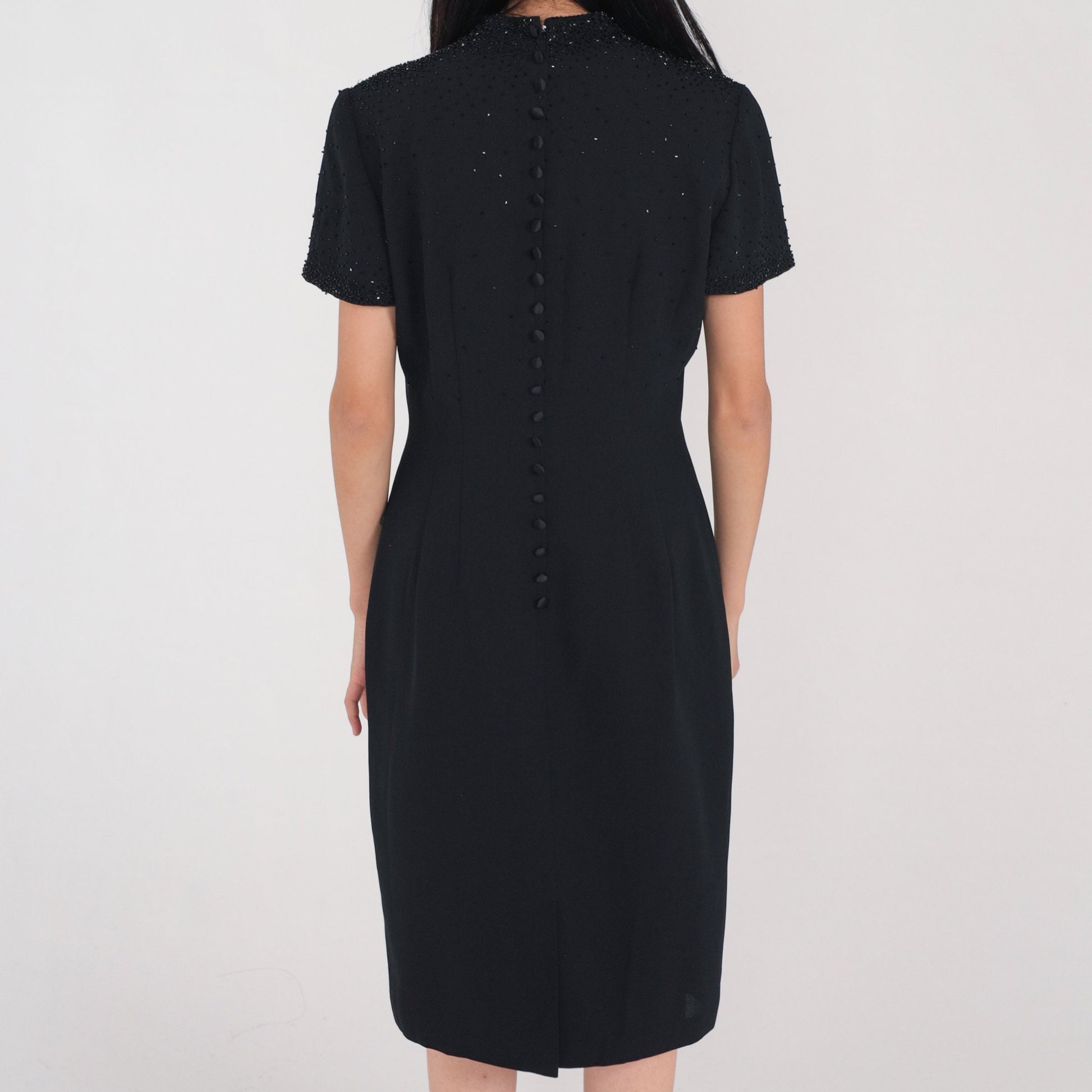 90s Black Beaded Sheath Dress High Neck Short Sleeve Knee Length Medium 8
