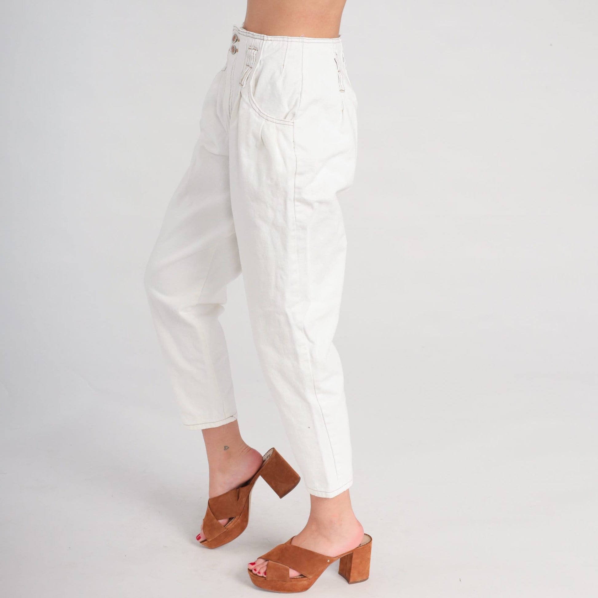 80s Pleated White Denim Jeans High Waist Tapered Cotton Small