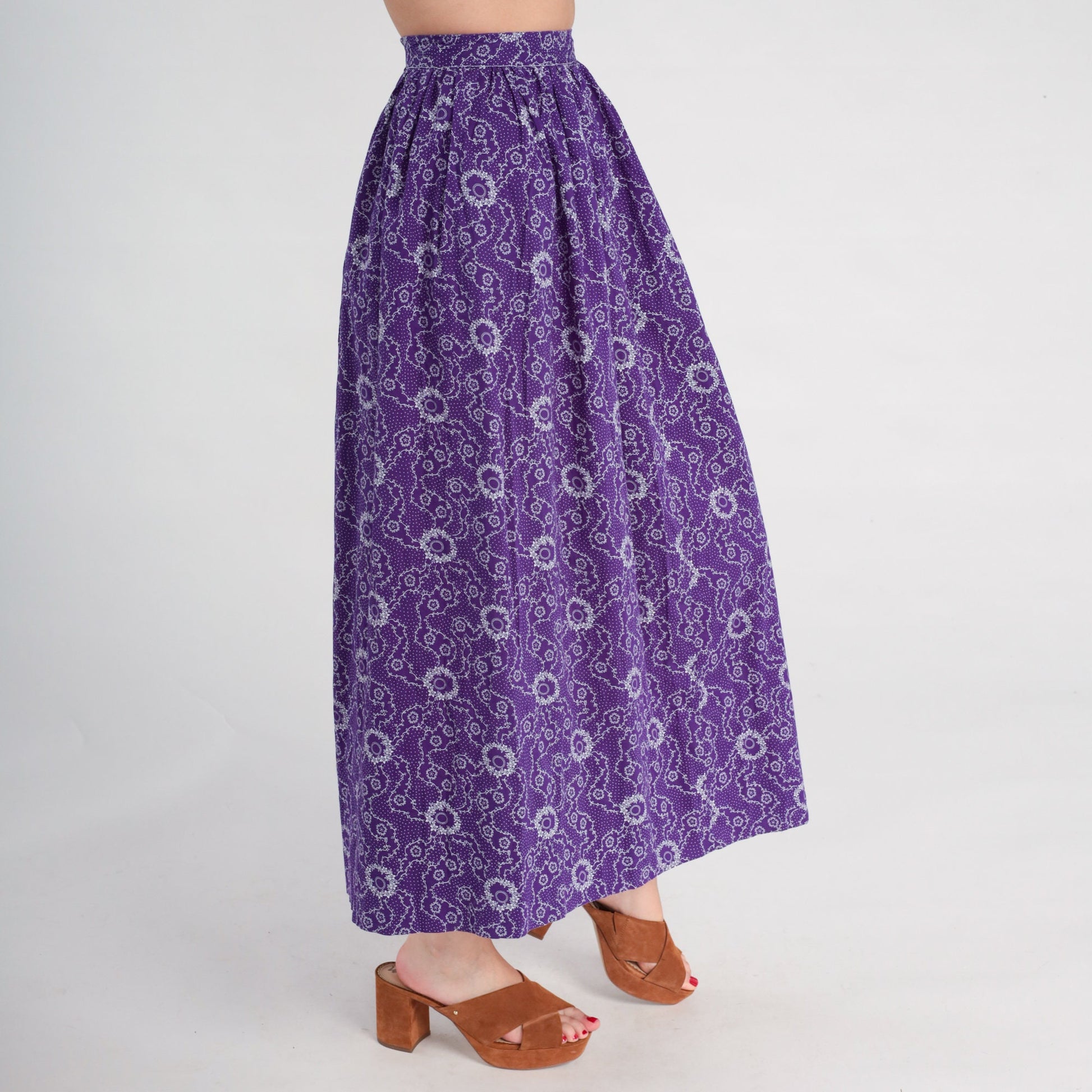 70s Floral Midi Skirt Purple High Waisted Flower Print Ankle Length XXS