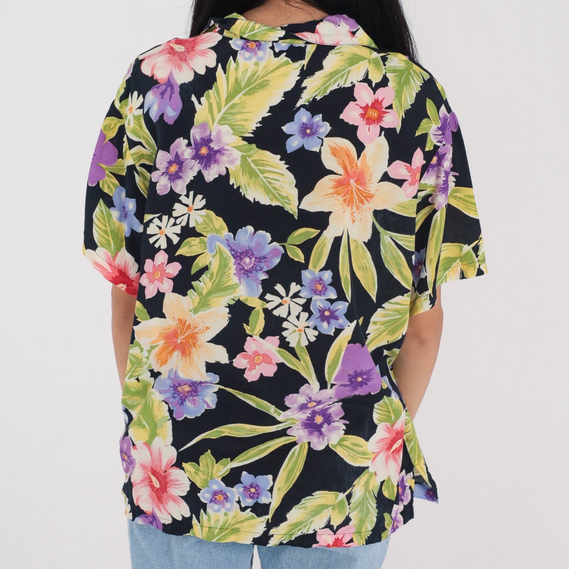 90s Tropical Floral Black Button Up Blouse Short Sleeve Rayon Shirt Extra Large XL