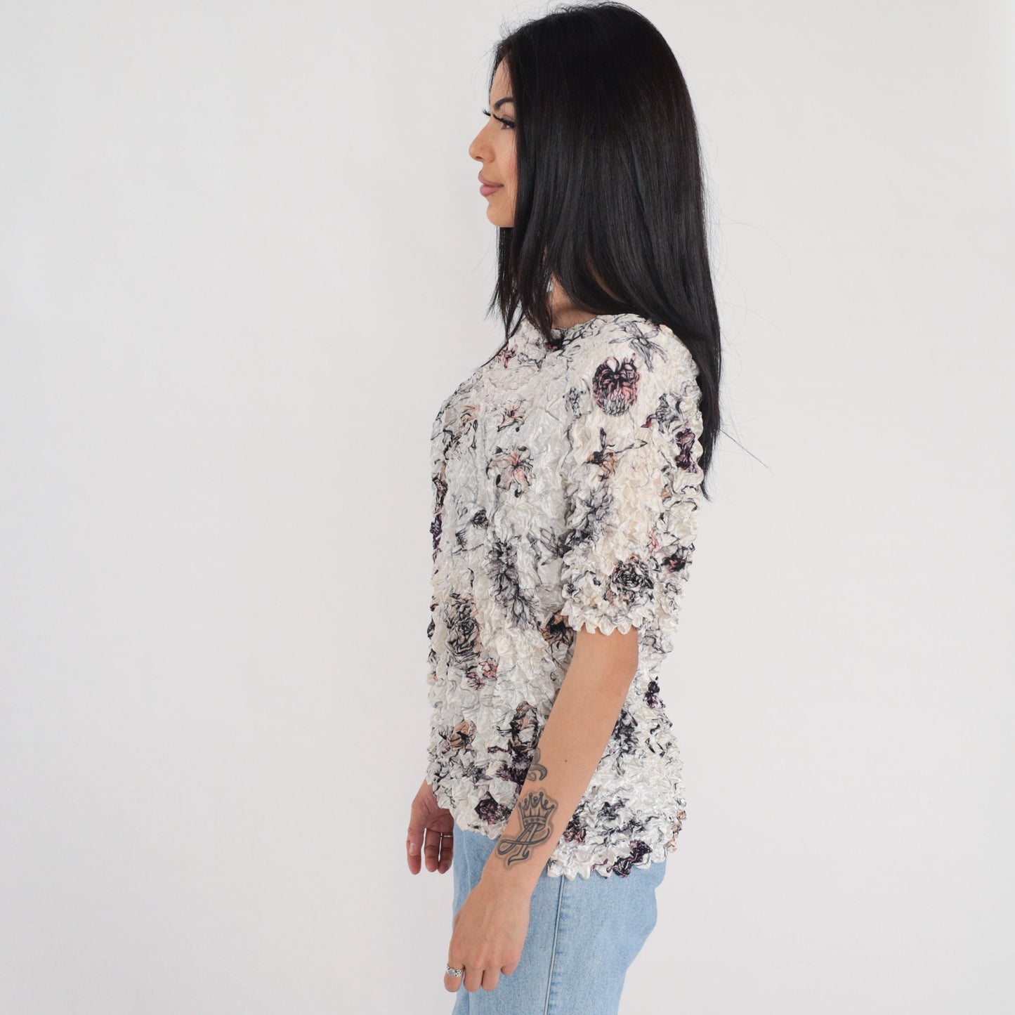 90s Floral Popcorn Texture Blouse Short Sleeve Stretchy Rose Print Small