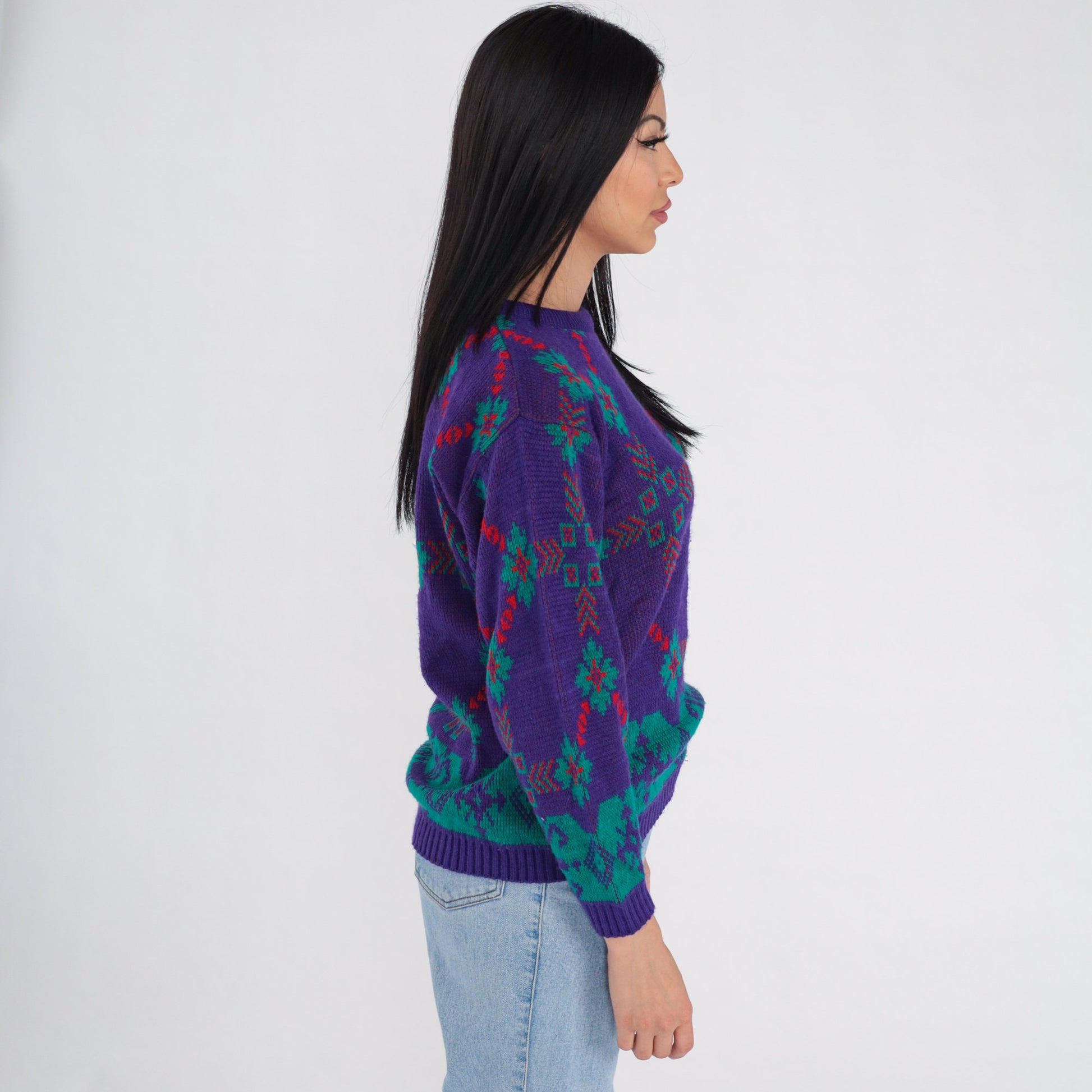 90s Purple Snowflake Knit Sweater Geometric Crewneck Pullover Medium M