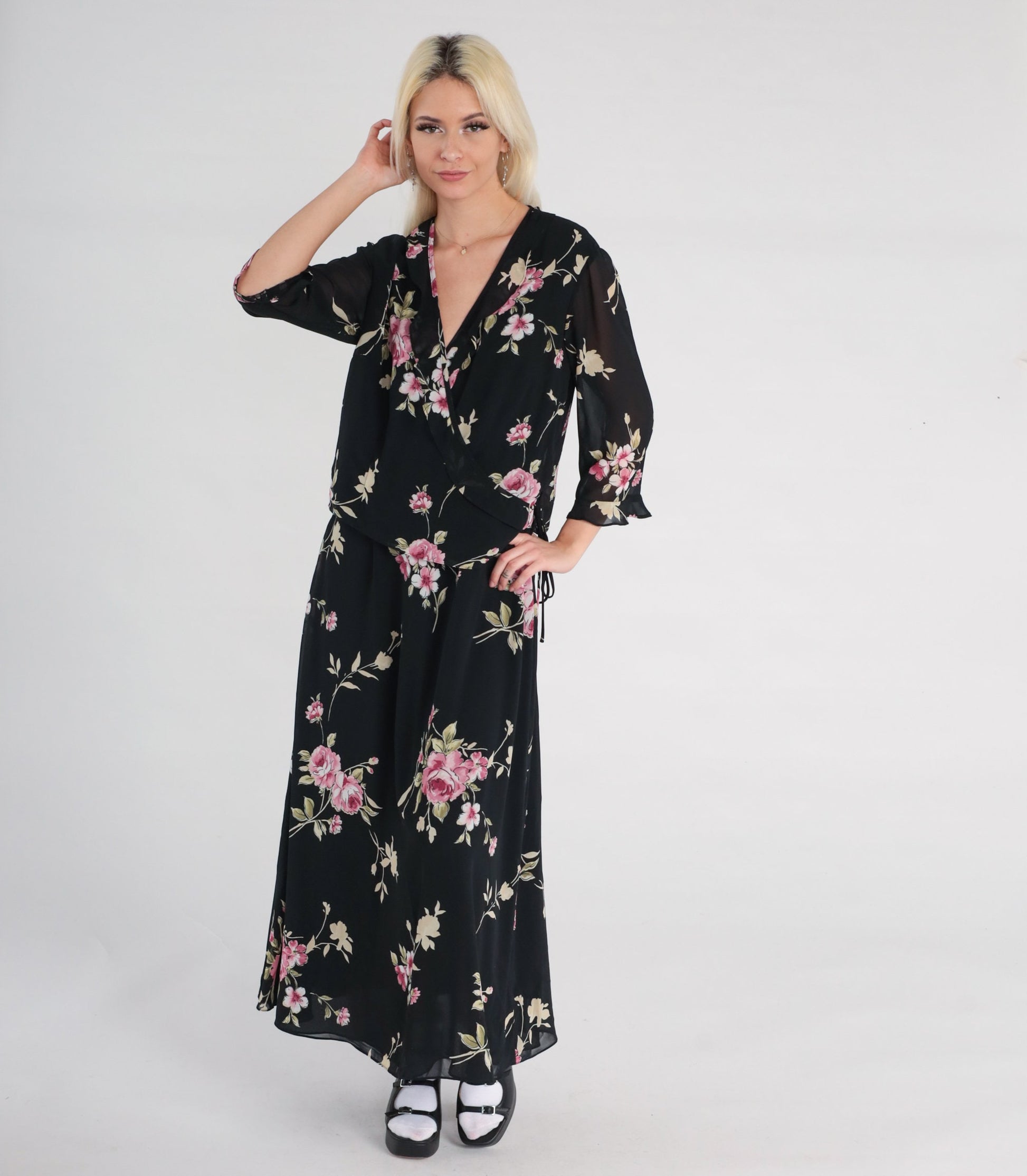 90s Black Floral Chiffon Maxi Dress V-Neck 3/4 Sleeve Wrap Large