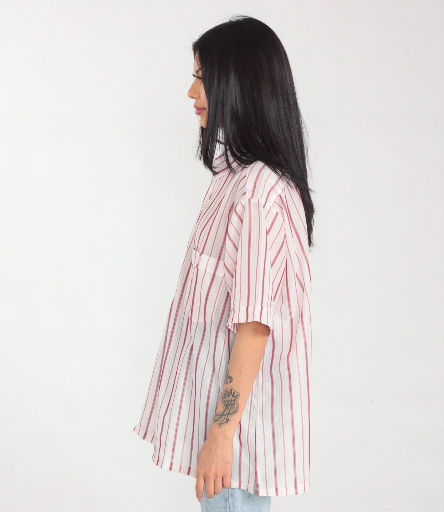 80s White Red Striped Button-Up Shirt Short Sleeve Collared Men's Extra Large