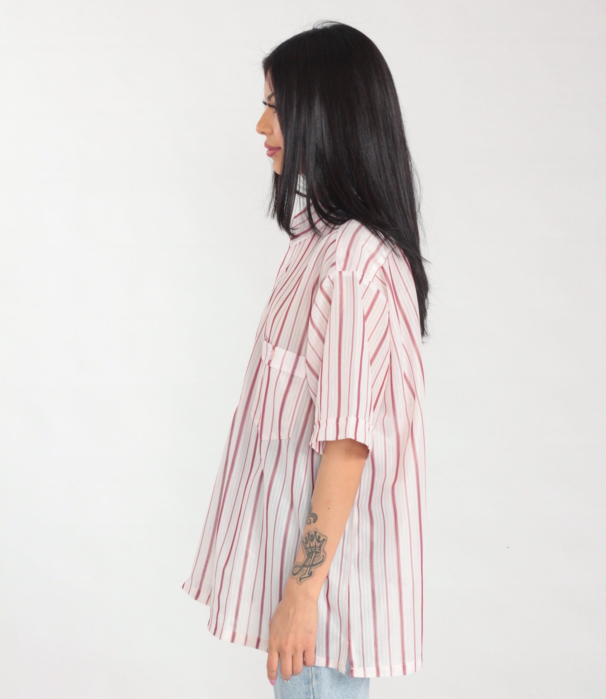 80s White Red Striped Button-Up Shirt Short Sleeve Collared Men's Extra Large