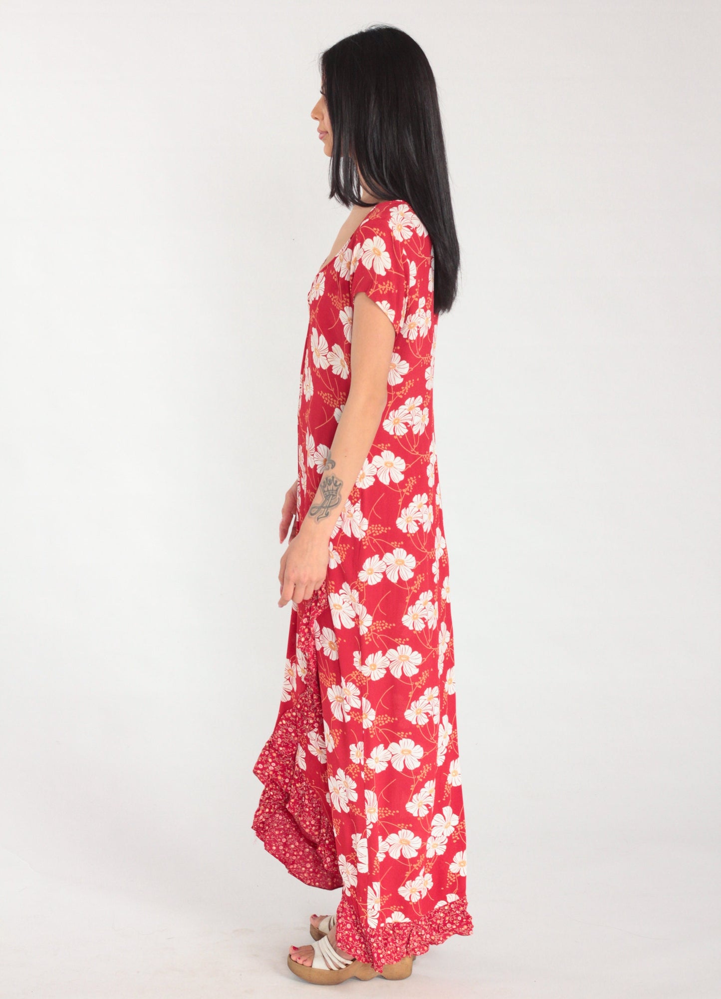 90s Red Floral Maxi Dress White Poppy Print Ruffled V-Neck Short Sleeve Small