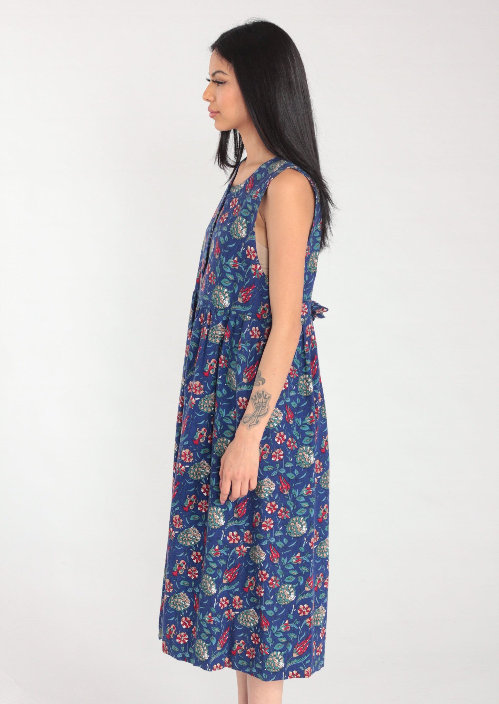 90s Laura Ashley Blue Floral Midi Dress Cotton Wool Blend Sleeveless Small S