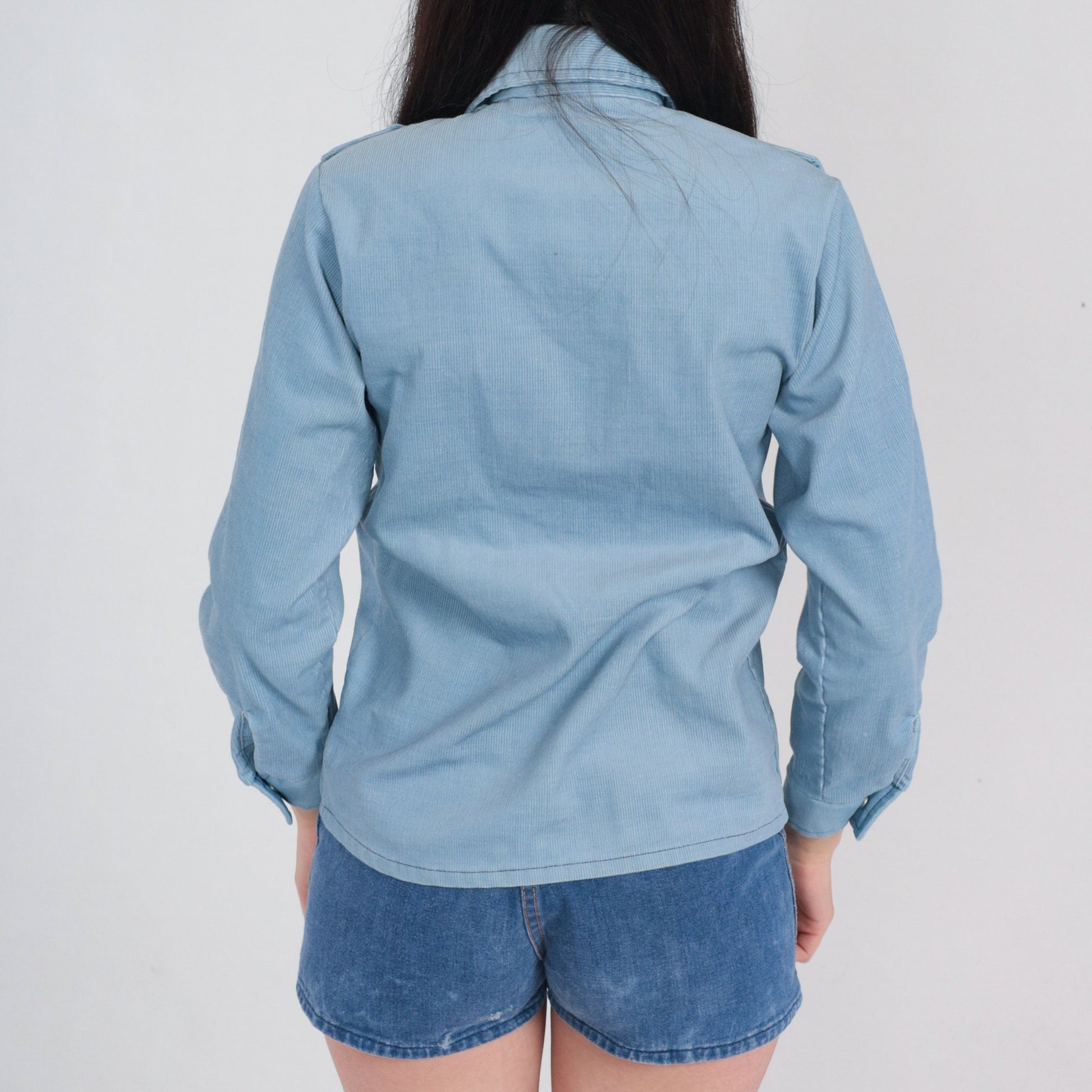 70s Baby Blue Corduroy Snap Button Shirt Epaulette Collar Long Sleeve XS