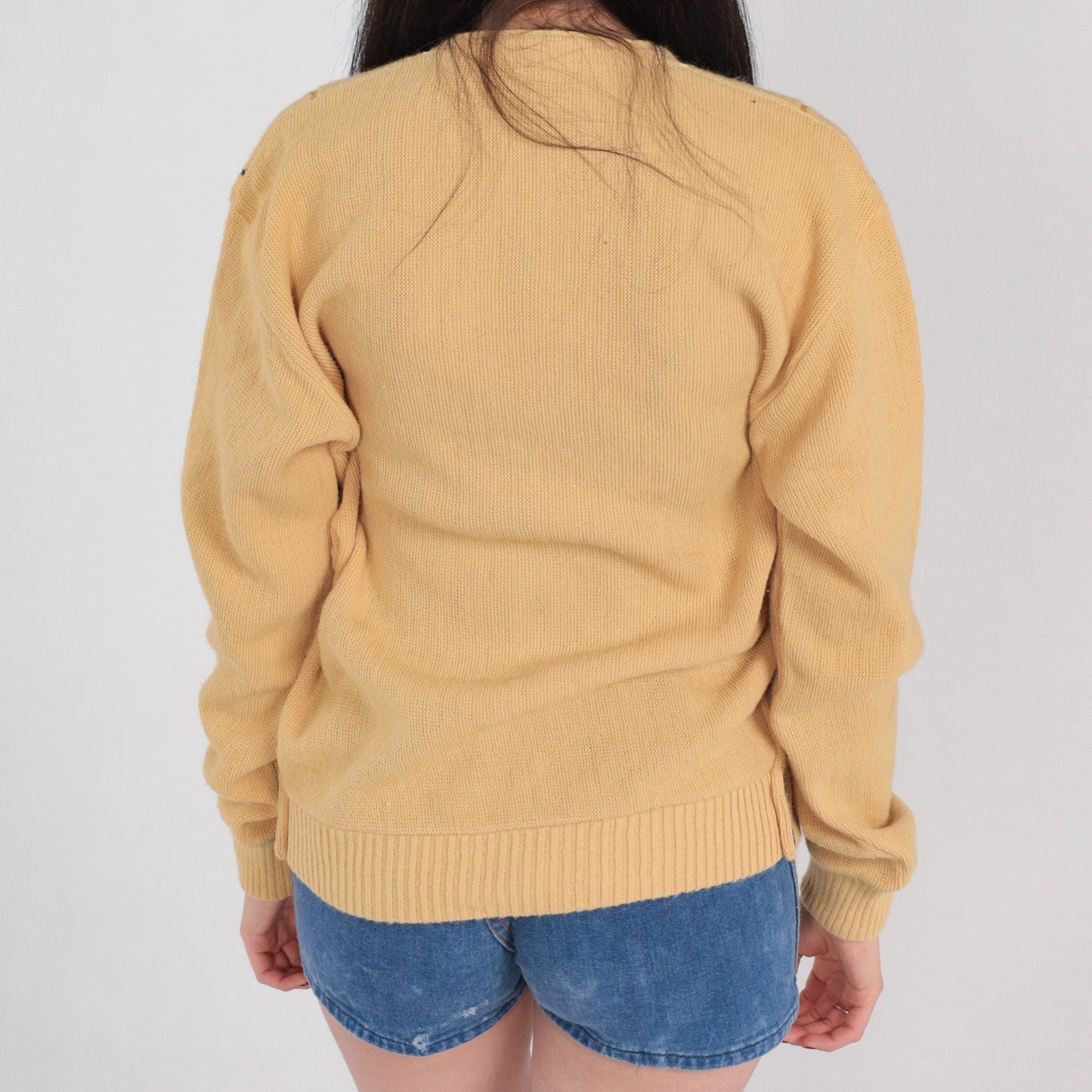 80s Striped Tan Cardigan Button-Up Knit Sweater Medium