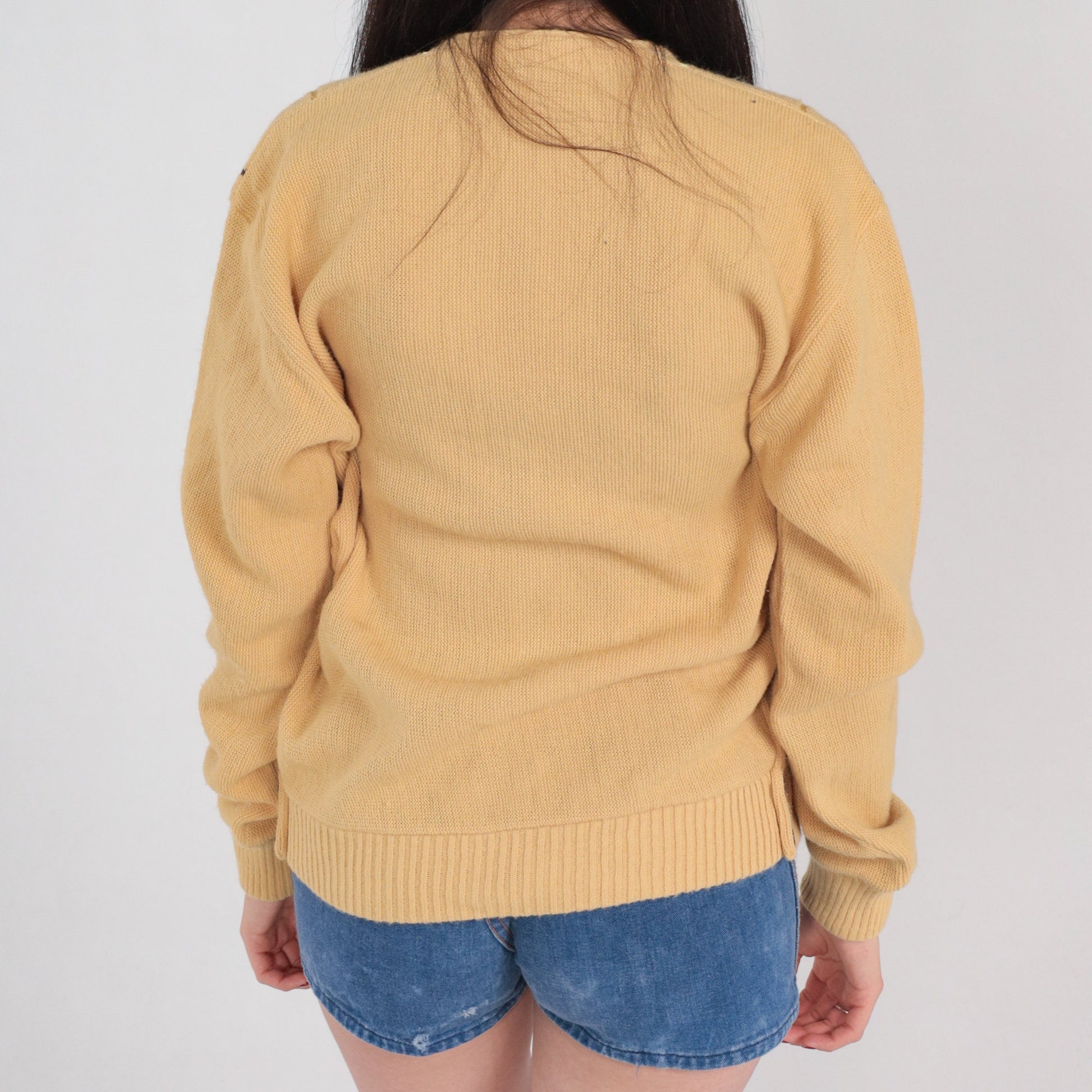 80s Striped Tan Cardigan Button-Up Knit Sweater Medium