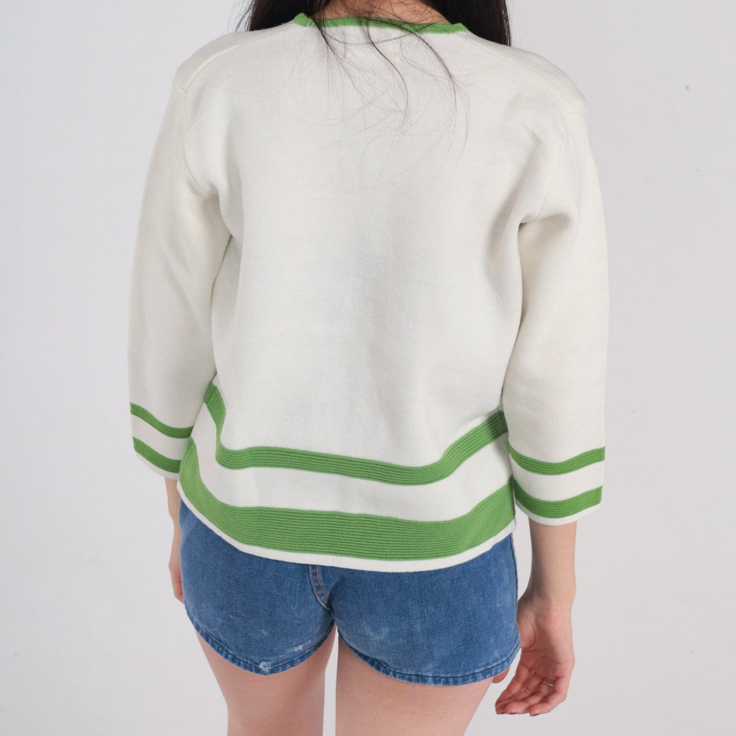 70s Wool Cardigan White Green Striped V-Neck Button-Up Knit Small S