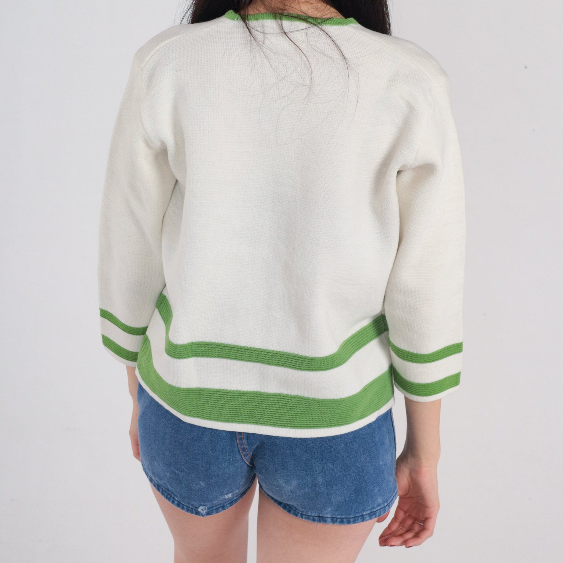 70s Wool Cardigan White Green Striped V-Neck Button-Up Knit Small S