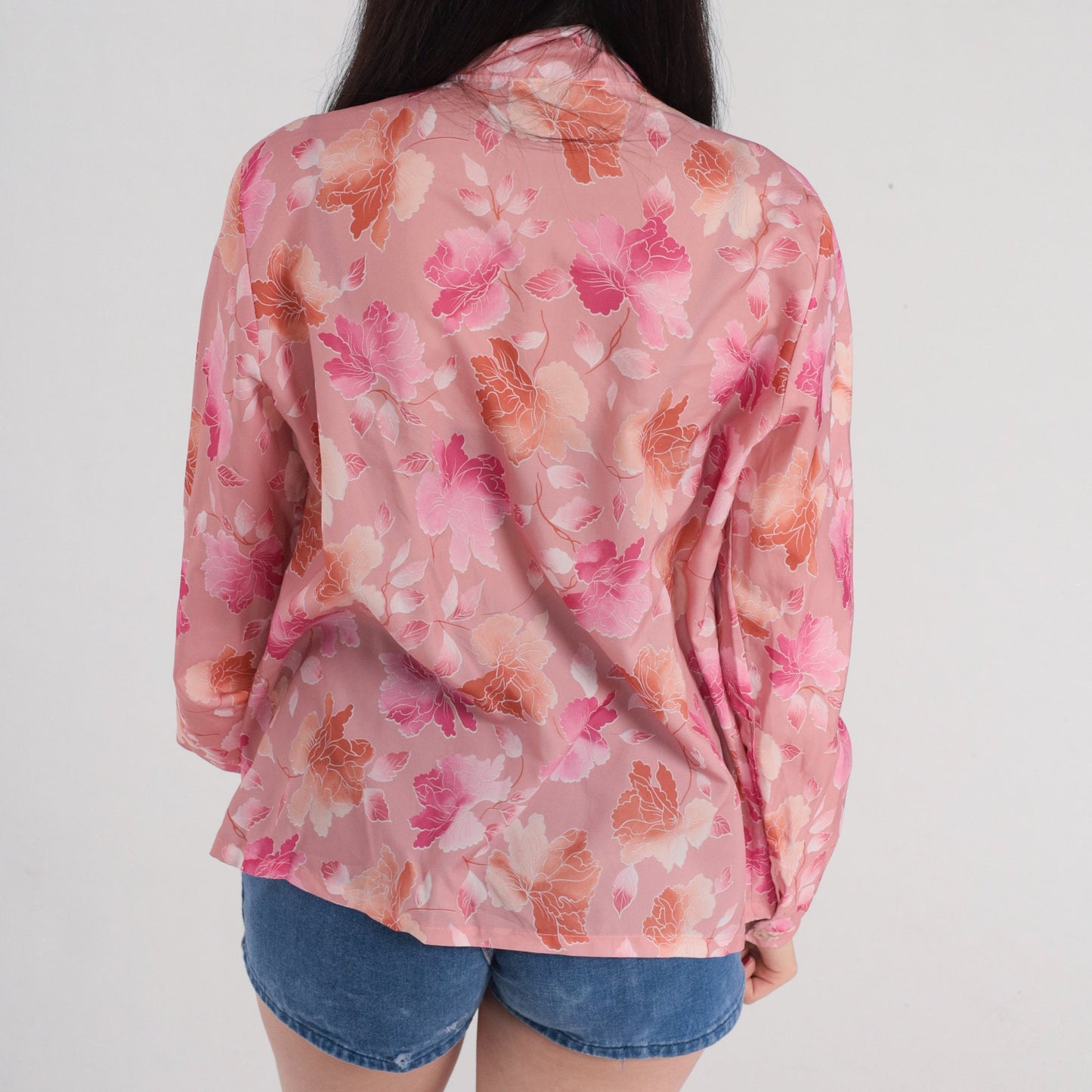 70s Pink Floral Ascot Blouse Button-Up Long Sleeve Neck Tie Shirt Medium