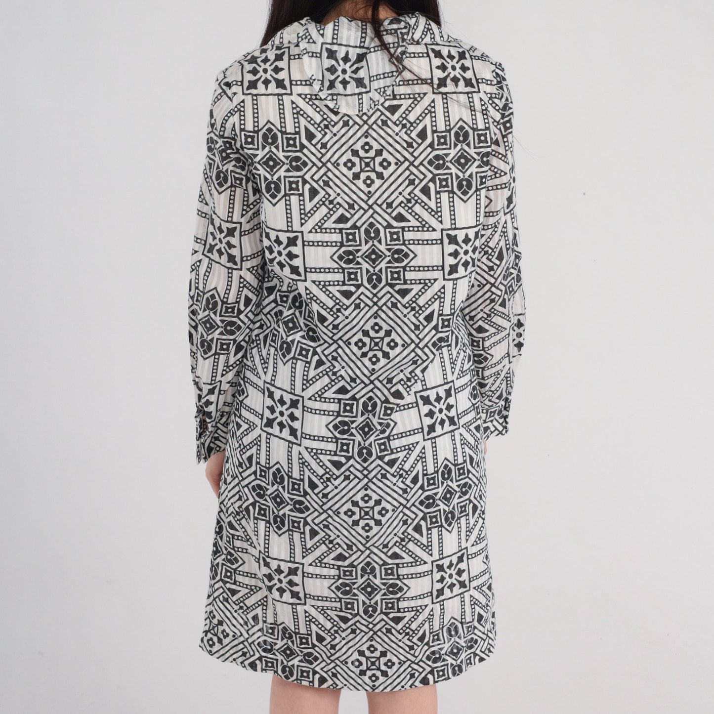 60s Byer Shift Dress Black White Geometric Mini Long Sleeve Medium