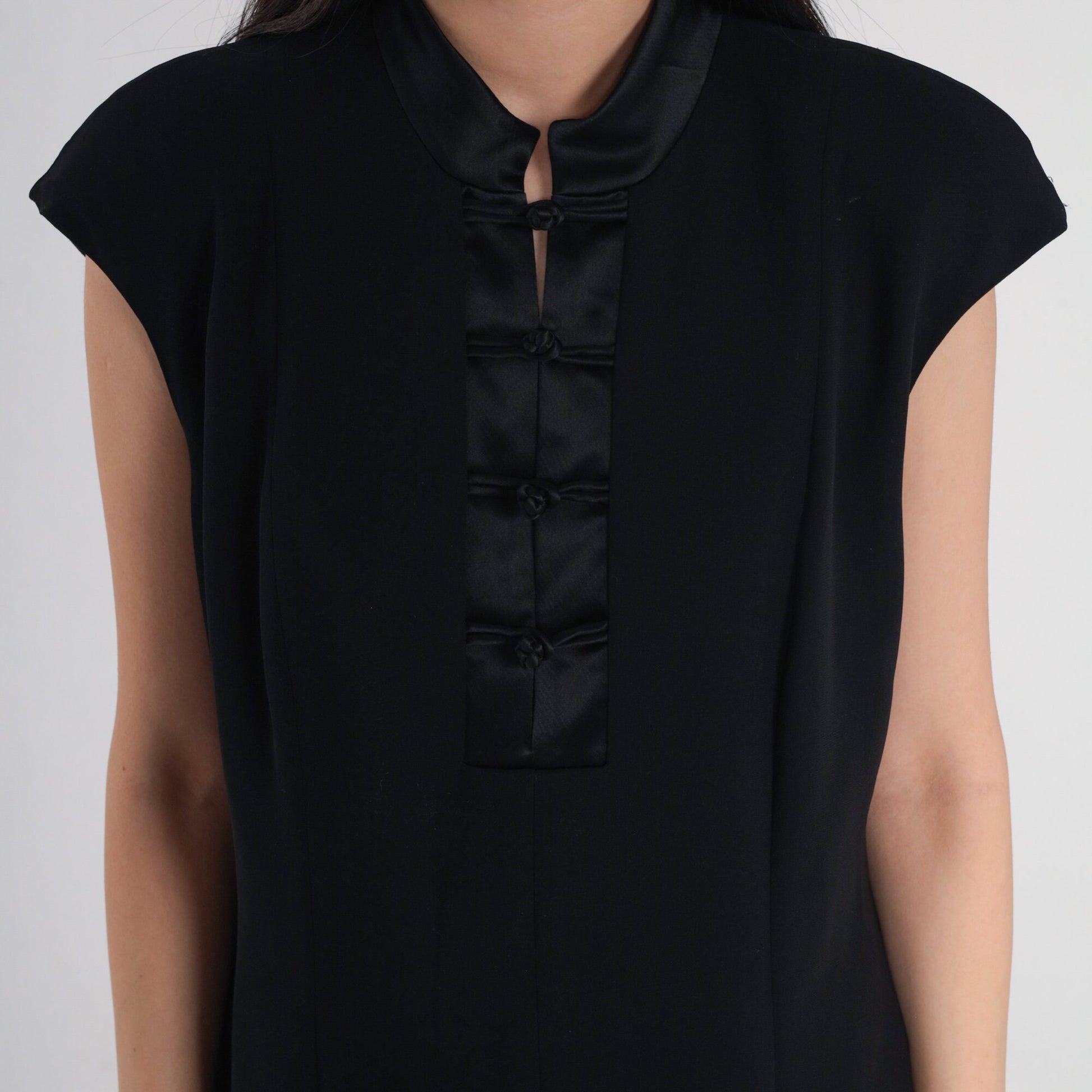 Y2K Jones New York Black Mandarin Collar Mini Dress Cap Sleeve Large 12