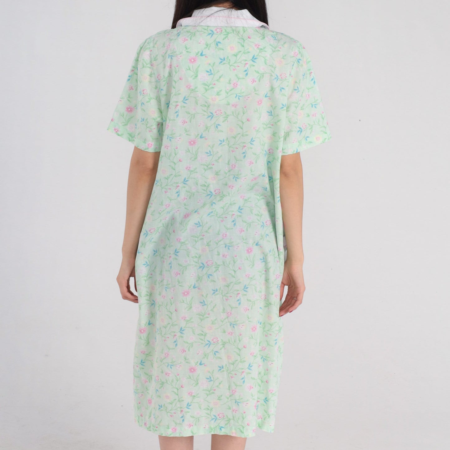 70s Floral Embroidered Nightgown Green Midi Snap Button Pajama Dress Medium