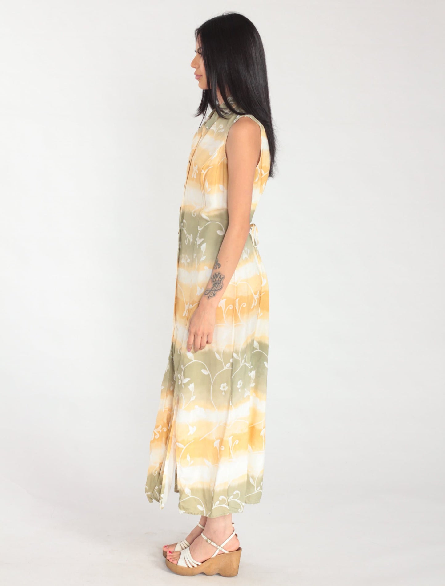 Y2K Tie-Dye Floral Maxi Shirtdress Sleeveless Button-Up Front Slit White Orange Green Medium
