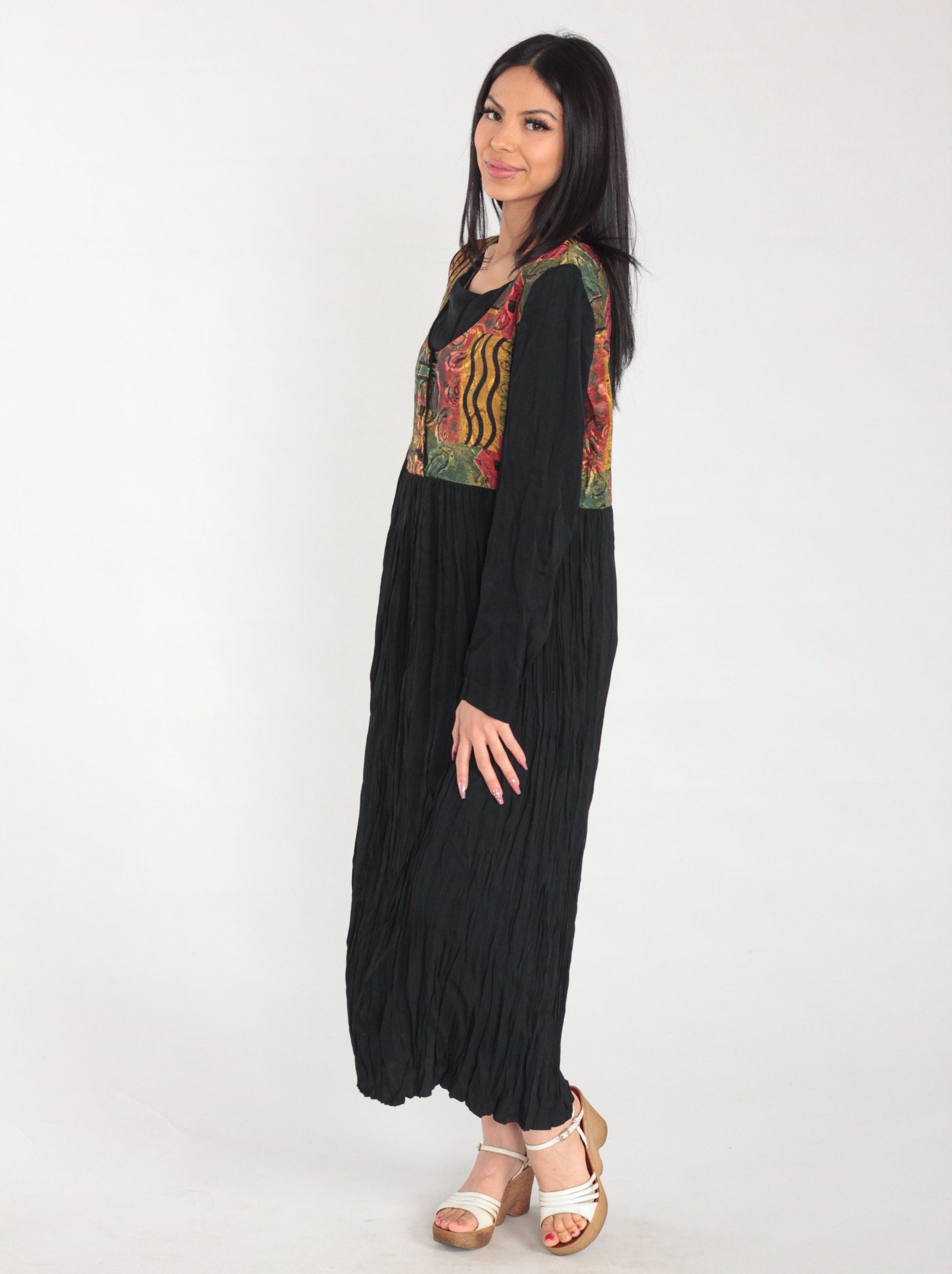 90s Black Maxi Dress with Abstract Print Attached Vest Long Sleeve Large